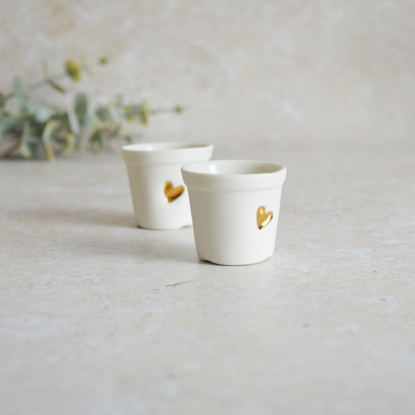 Discontinued* Seconds* A Pair of Mini Porcelain Pots with a Gold Embossed Heart | Porcelain | Pots | Handcrafted | Mini Plant Pot (A103)