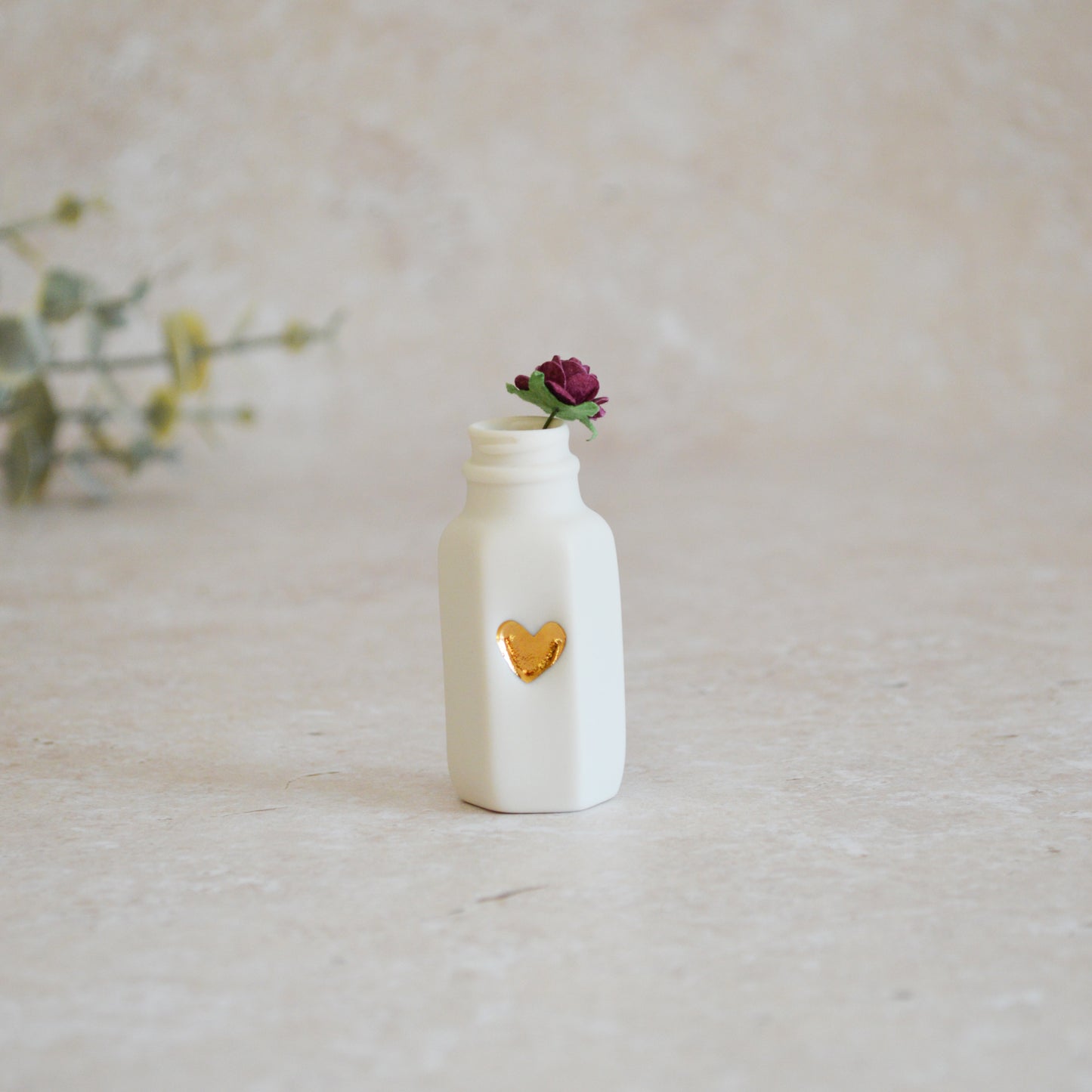 Seconds* Discontinued* Small White Bottle with an Embossed Gold Heart and a Maroon Paper Rose (A109)