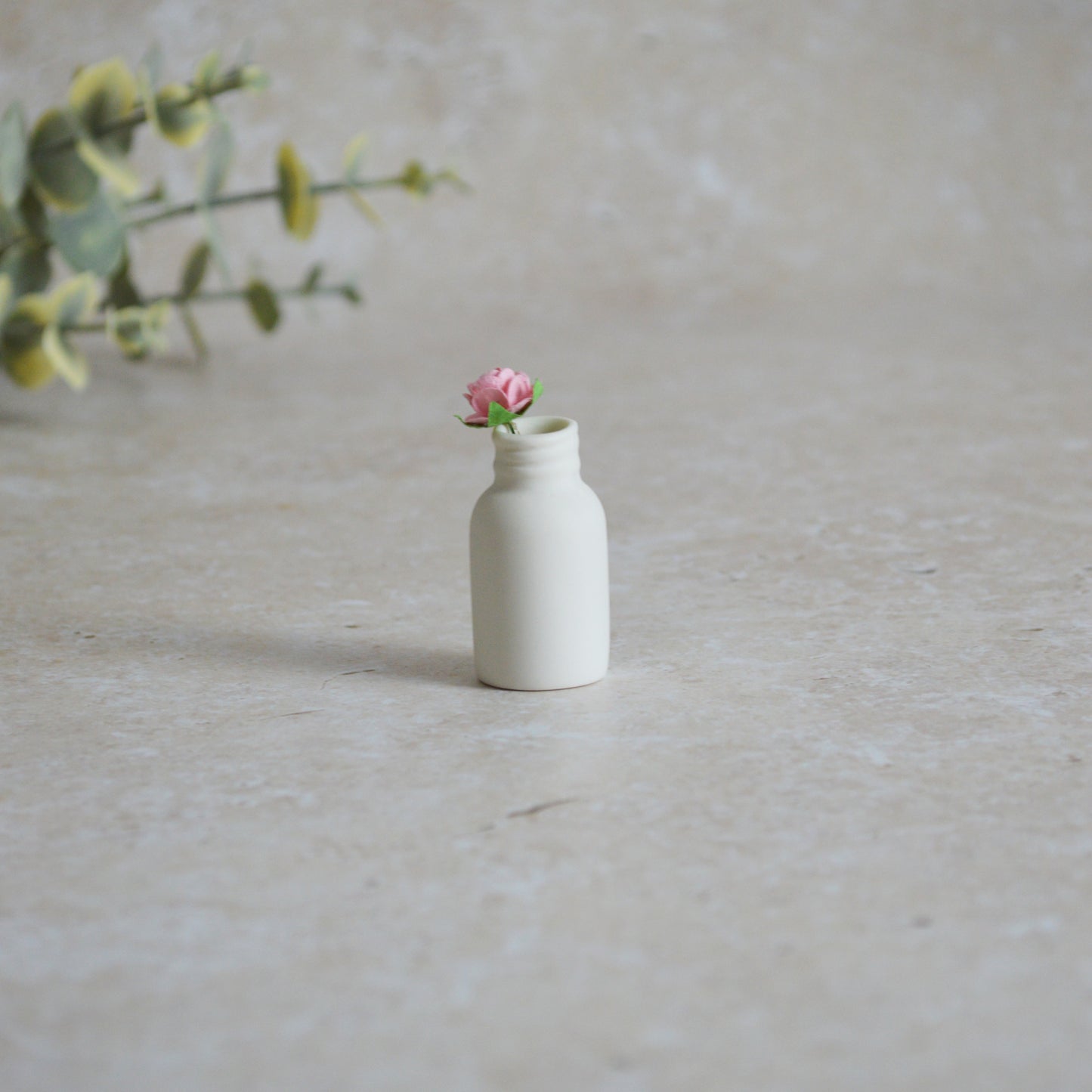 Seconds* Mini Bottle with An Embossed Silver Heart and a Pink Paper Rose | Valentine's Gifts | Porcelain (A112)