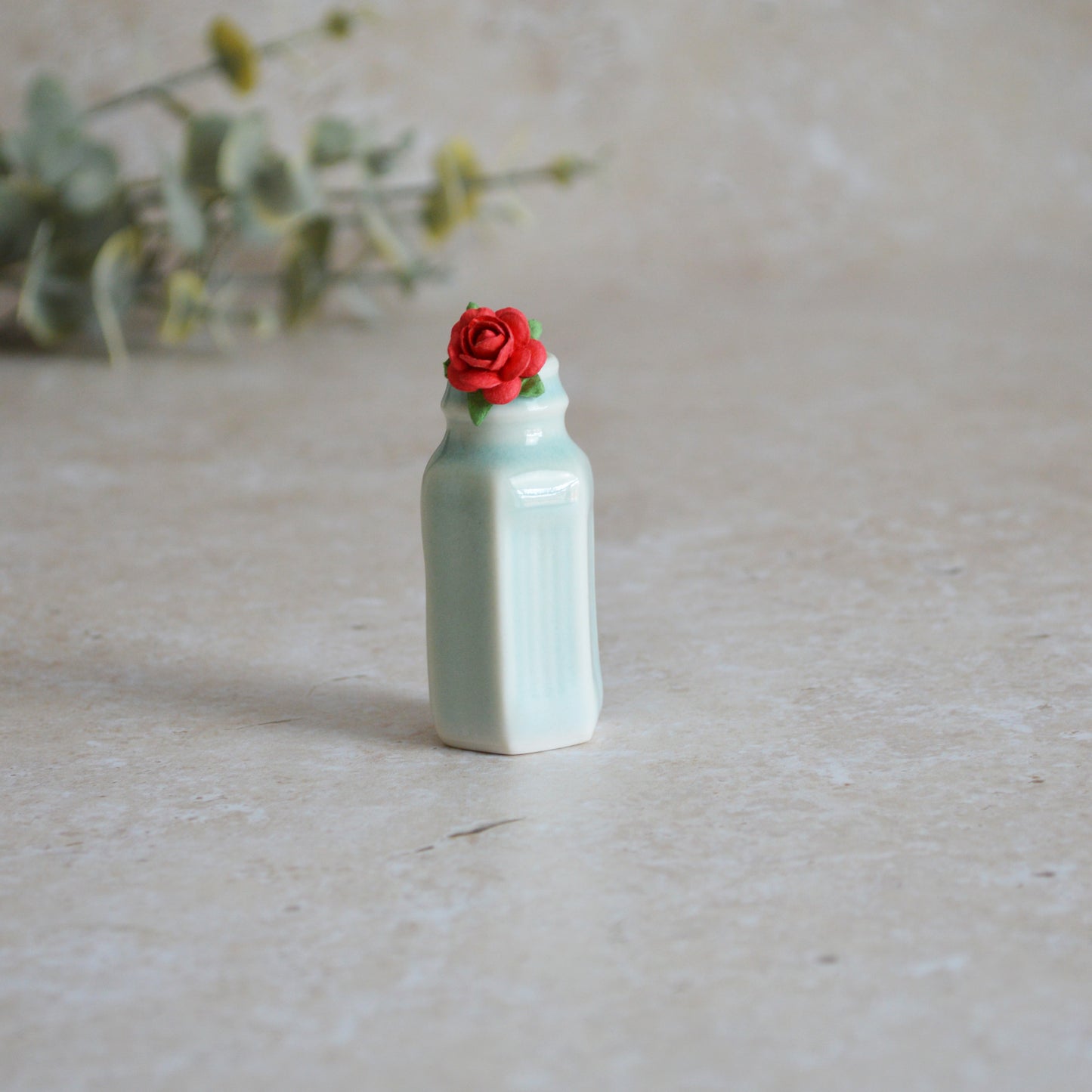 Seconds* Discontinued* Small Glazed Bottle with an Embossed Gold Heart and a Paper Red Rose (A20)