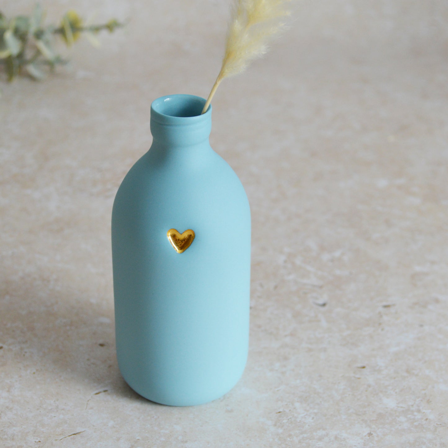 Seconds* Large Pastel Blue Bottle Vase With A Gold Embossed Heart | Flower Vase | Porcelain Vase (A64)