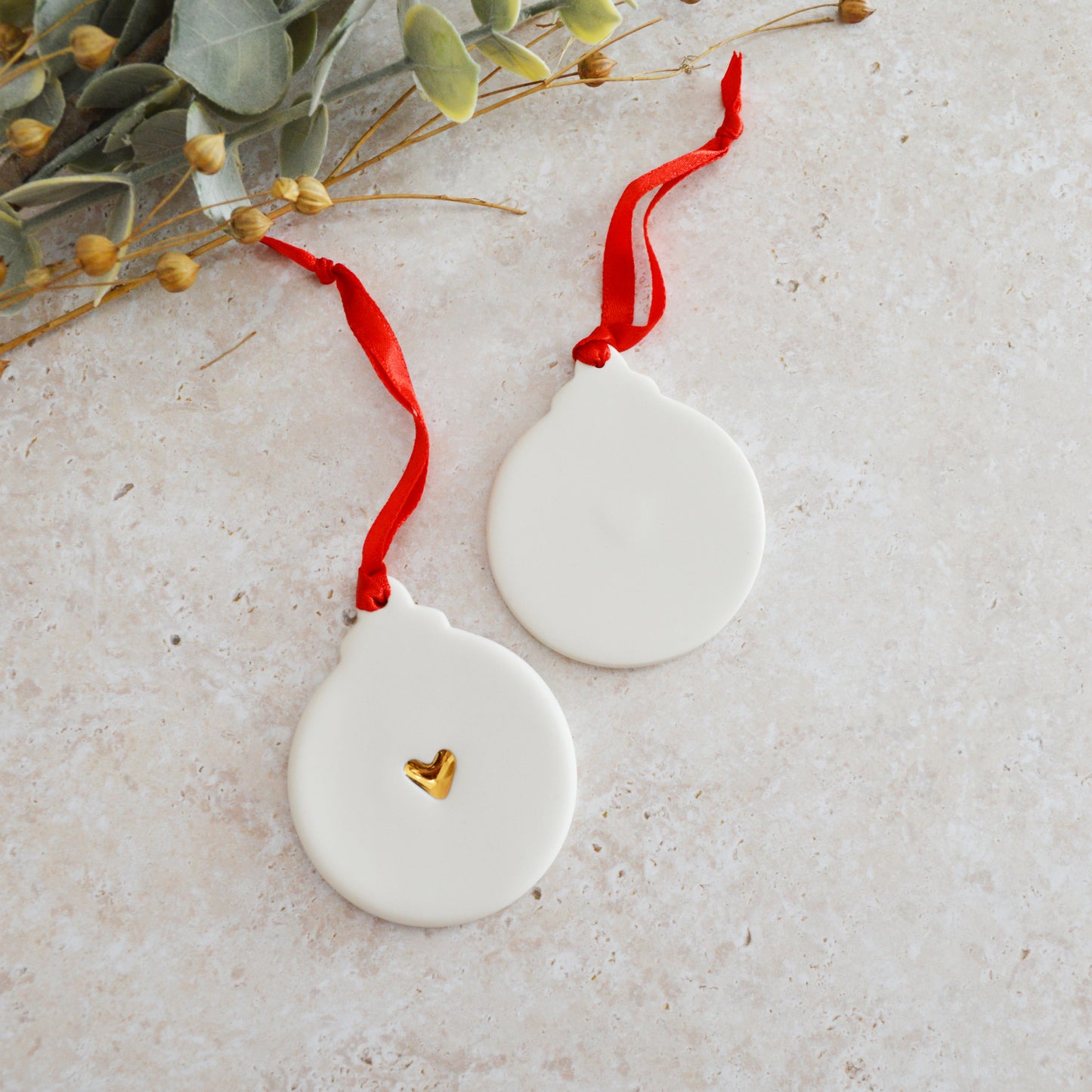 Sample* Flat Bauble Hanging Decoration With A Centred Gold Heart | Porcelain | Hanging Christmas Decorations | Christmas Tree Decor (A91)