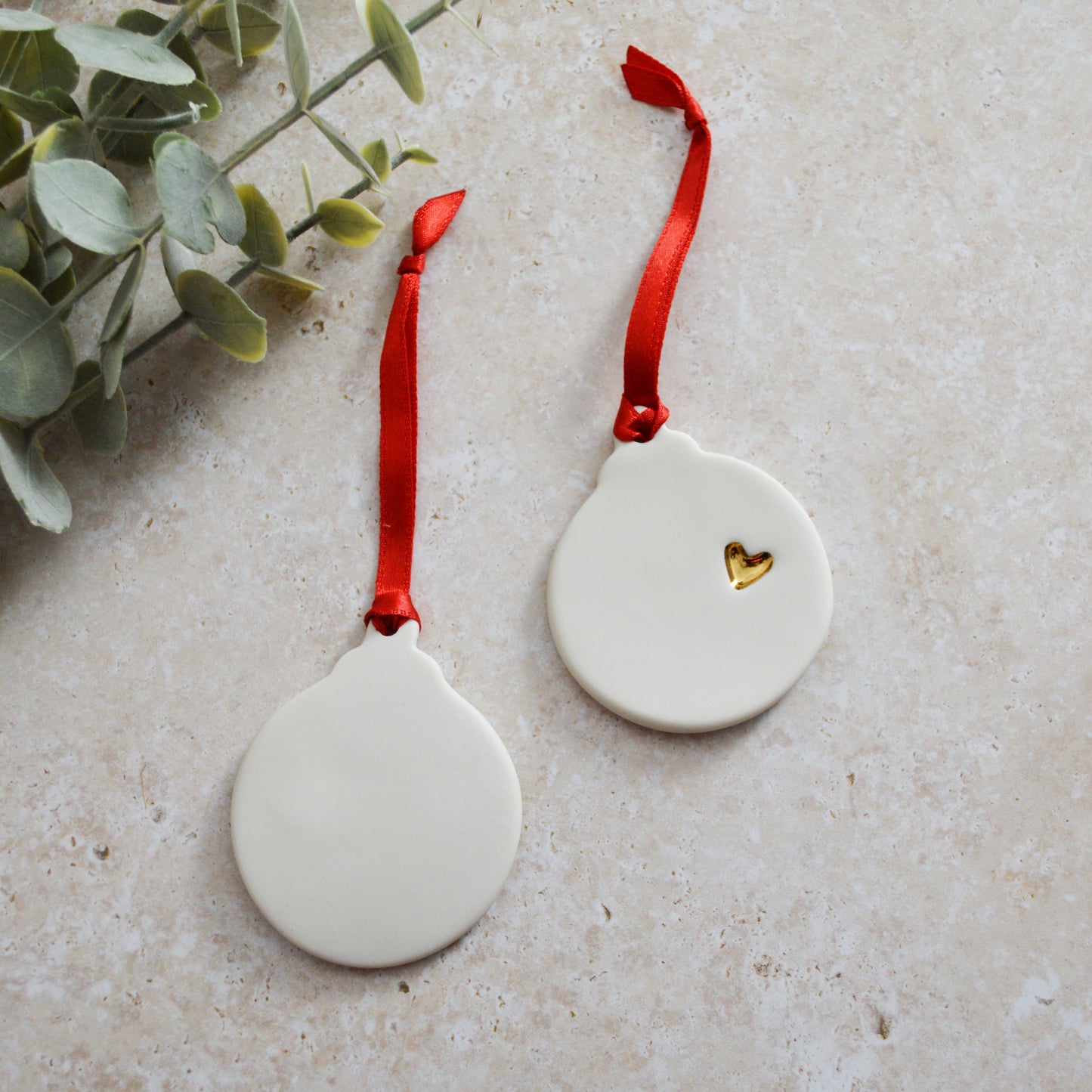 Seconds* A PAIR of Flat Bauble Hanging Decoration With A Gold Heart | Porcelain | Hanging Christmas Decorations | Christmas Tree Decor (A93)