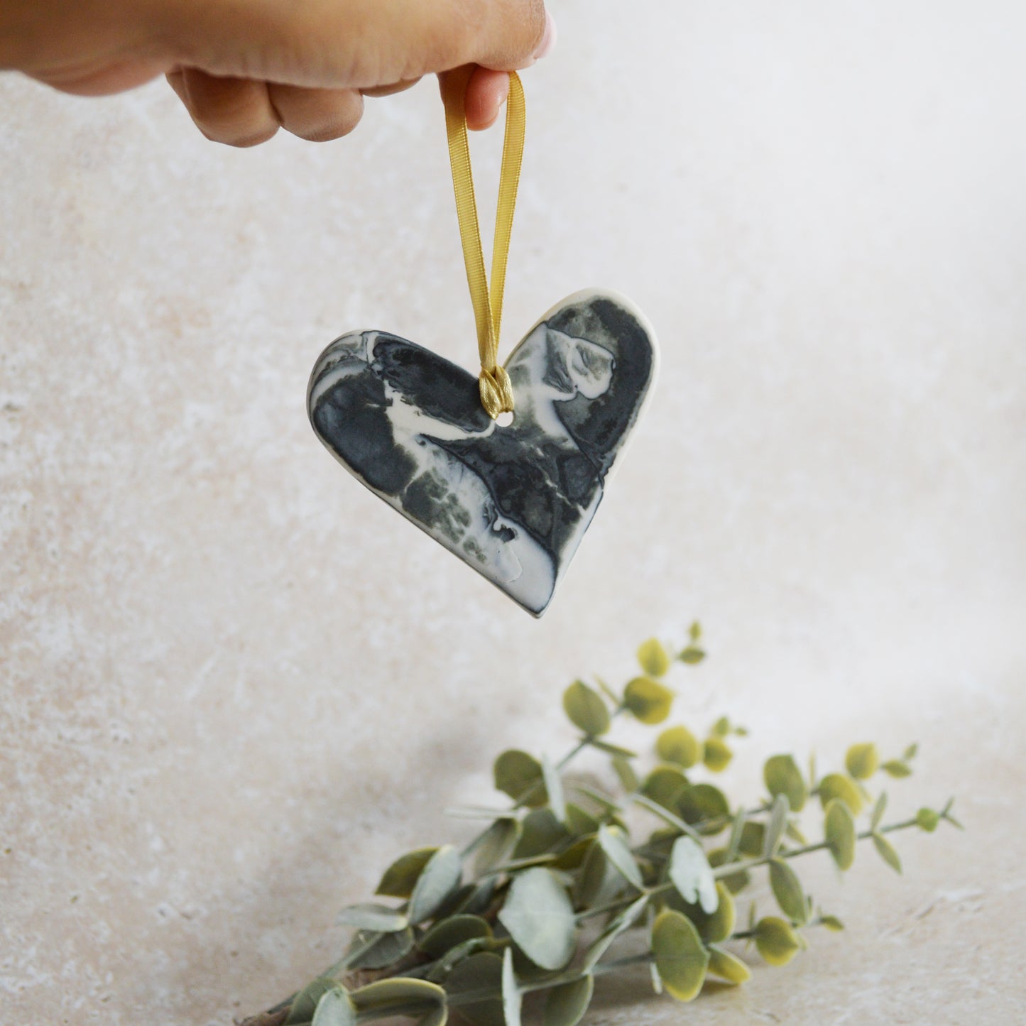 Sample* Delicate Black and White Marbled Heart | Porcelain | Hanging Heart Decoration | Valentines Keepsake (A94)