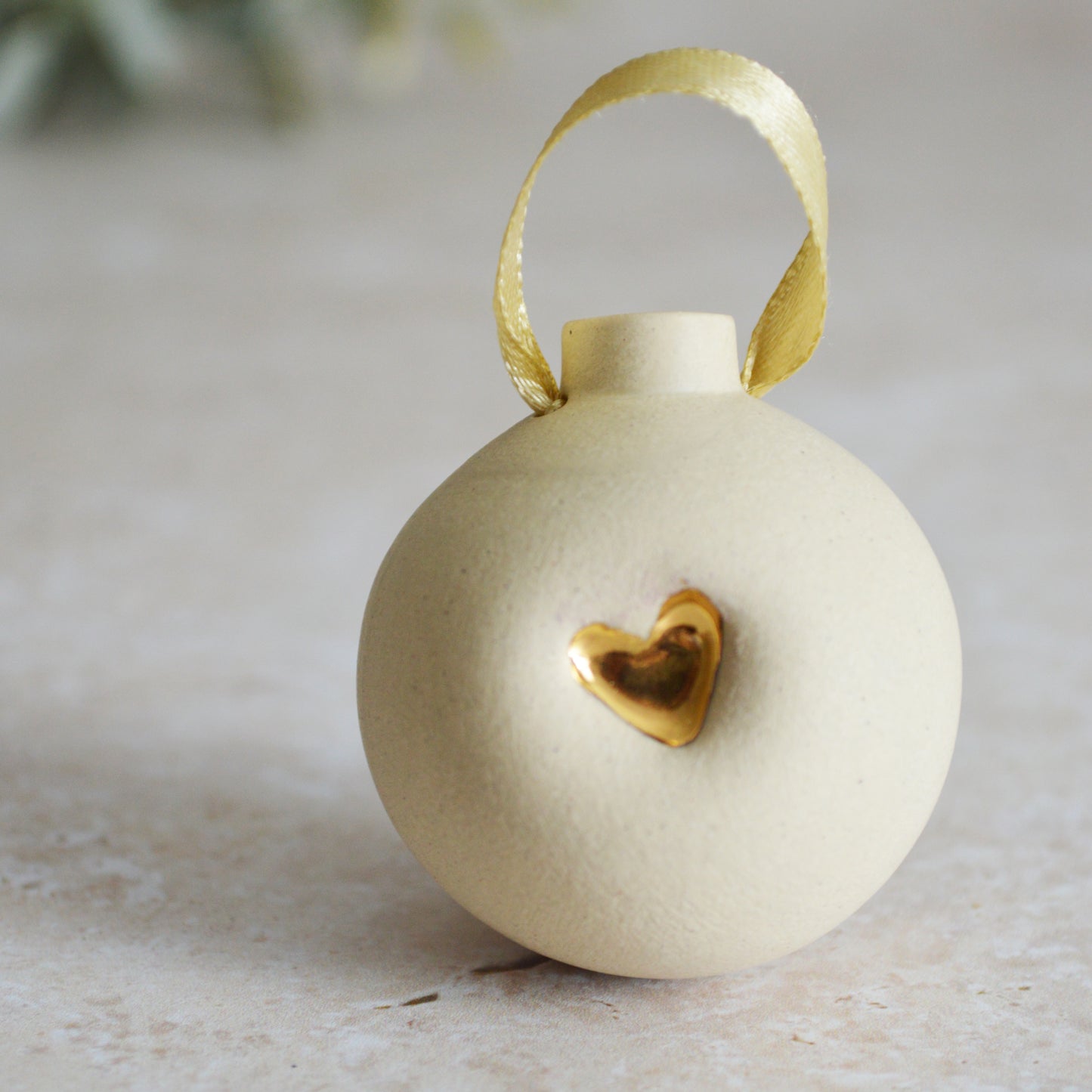 Seconds* BEIGE Small Pastel Bauble With A Gold Heart | Stoneware | Hanging Christmas Decorations | Christmas Tree Decor (B36)