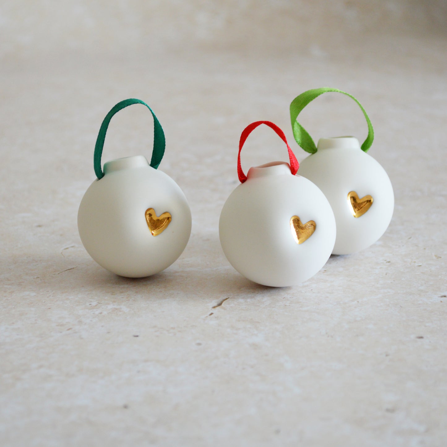 Seconds* Discontinued* Set of Three Porcelain Christmas Bauble With A Gold Embossed Heart | Christmas Decoration | Christmas Tree Decoration (B52)