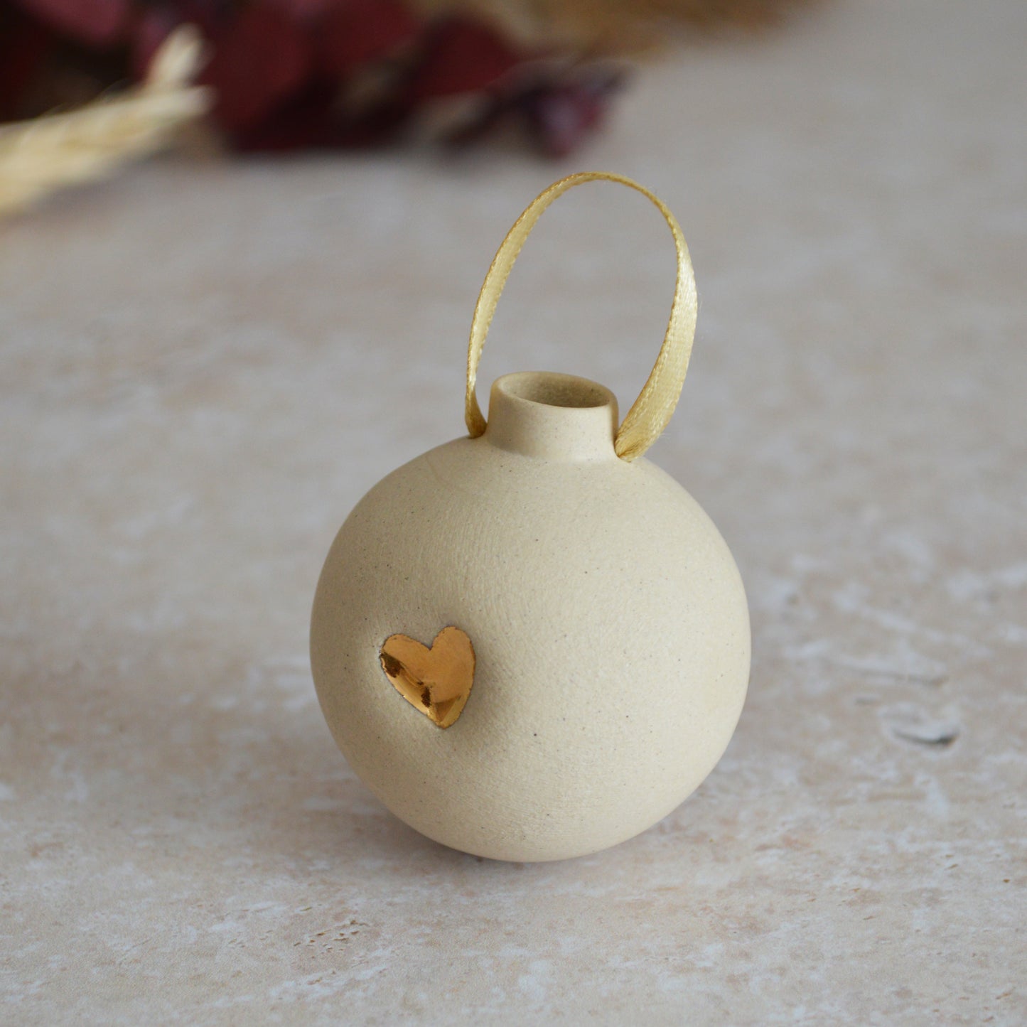 Second* BEIGE Small Pastel Bauble With A Gold Heart | Stoneware | Hanging Christmas Decorations | Christmas Tree Decor (B62)