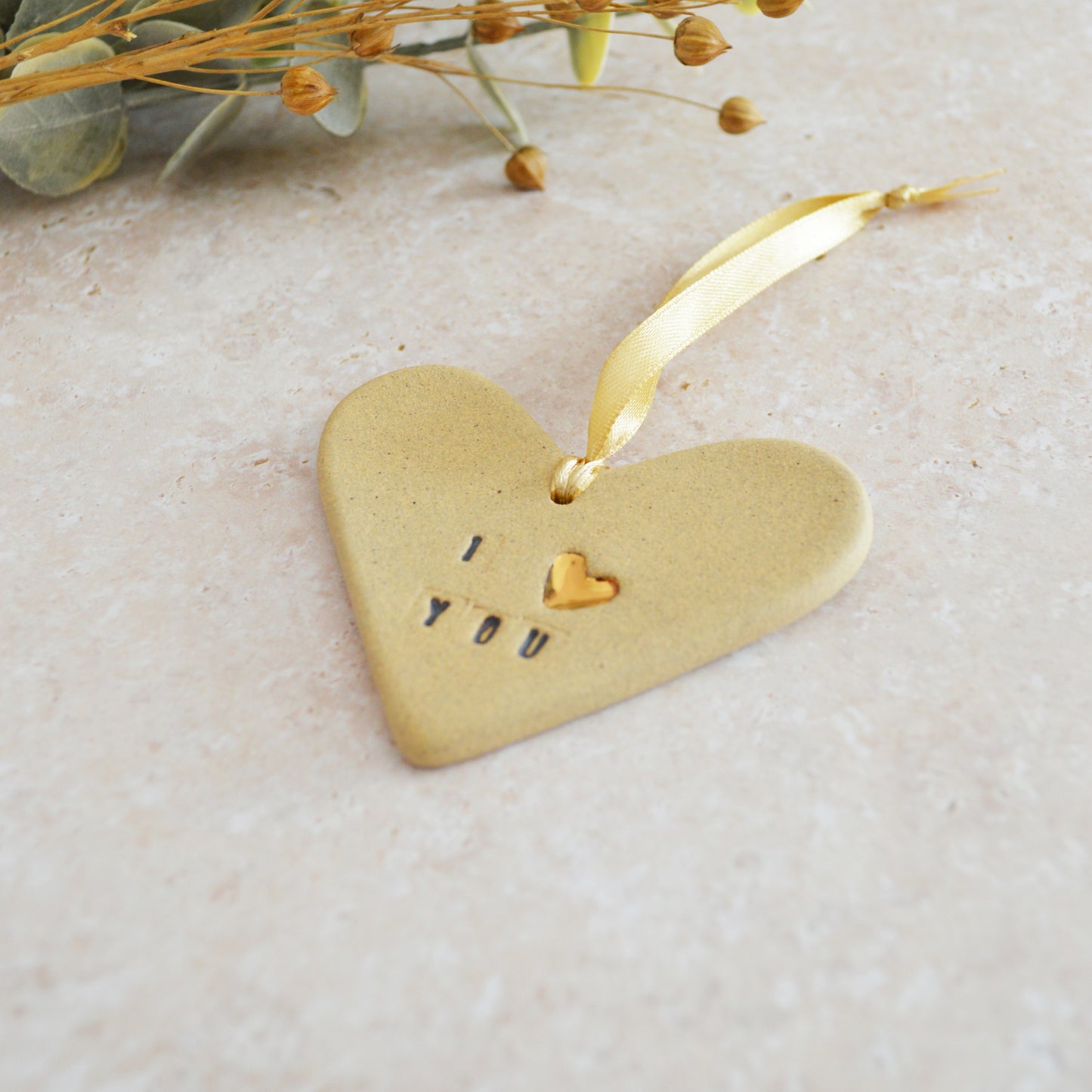 Sample* I Love You Heart With A Gold Heart | Sand | Stoneware | Hanging Heart Decoration | Valentines Keepsake (B70)