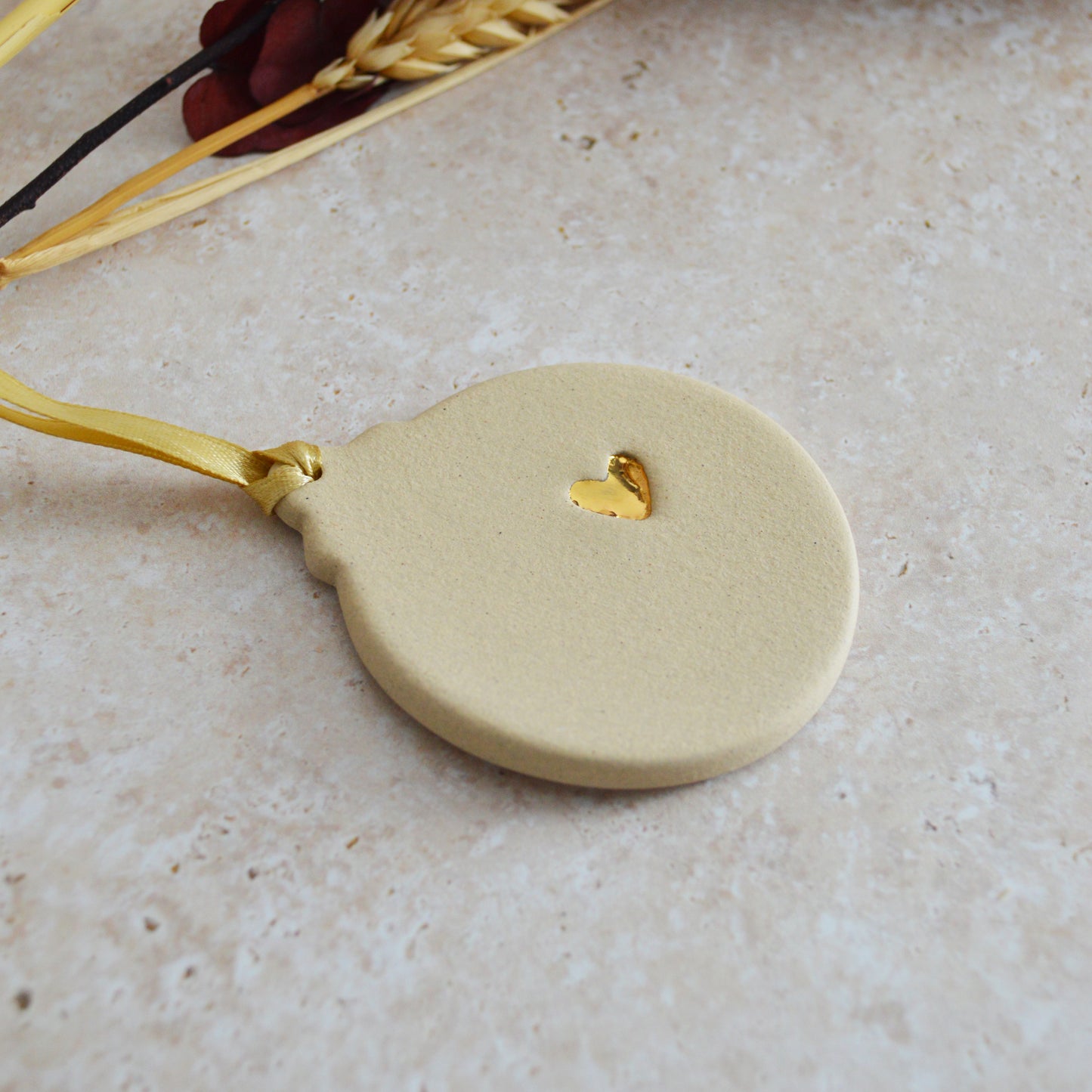 Sample* Flat Bauble Hanging Decoration With A Gold Heart | Cream | Stoneware | Hanging Christmas Decorations | Christmas Tree Decor (B71)