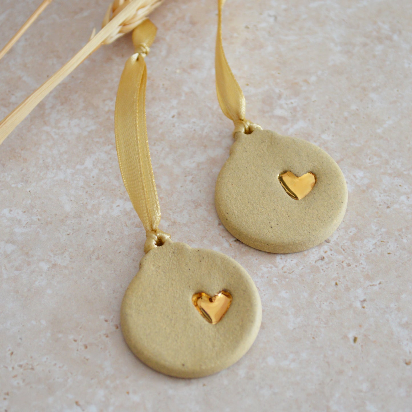Sample* Mini Bauble Hanging Decoration With A Gold Heart | Sand | Stoneware | Hanging Christmas Decorations | Mini Christmas Tree Decor (B72)