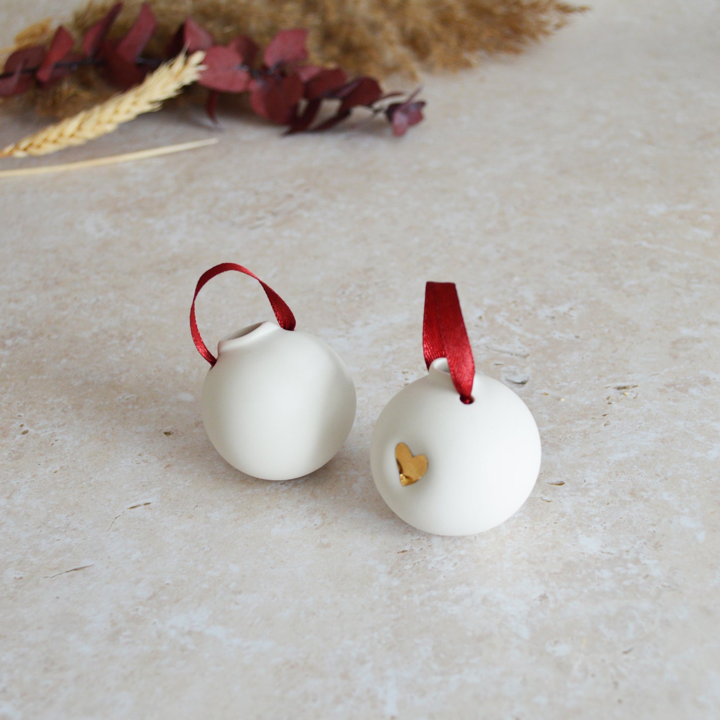 Seconds* Discontinued* A Pair of Porcelain Christmas Bauble With A Gold Embossed Heart | Christmas Decoration | Christmas Tree Decoration (B79)