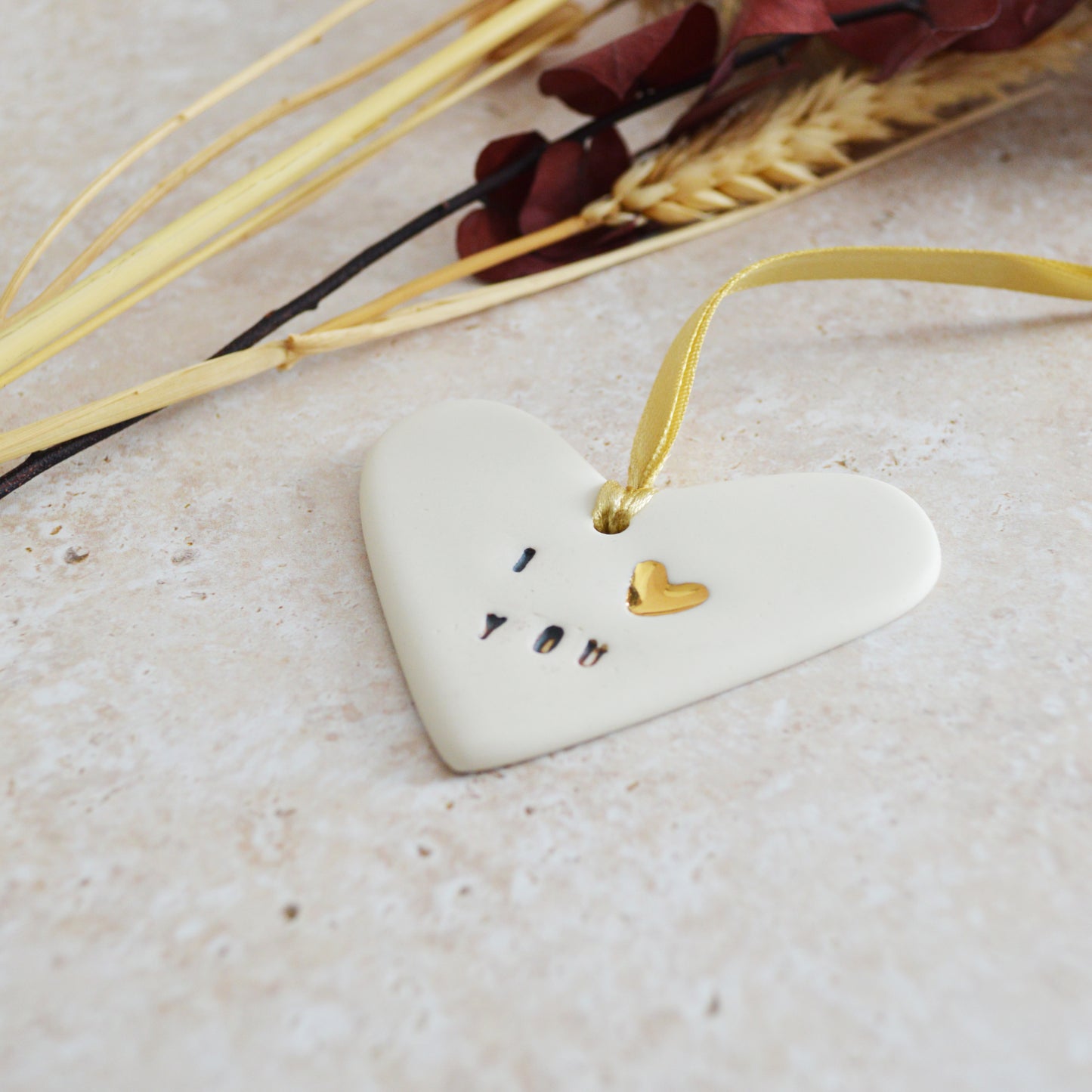 Seconds* I Love You Heart With A Gold Heart | Porcelain | Hanging Heart Decoration | Valentines Keepsake (B85)