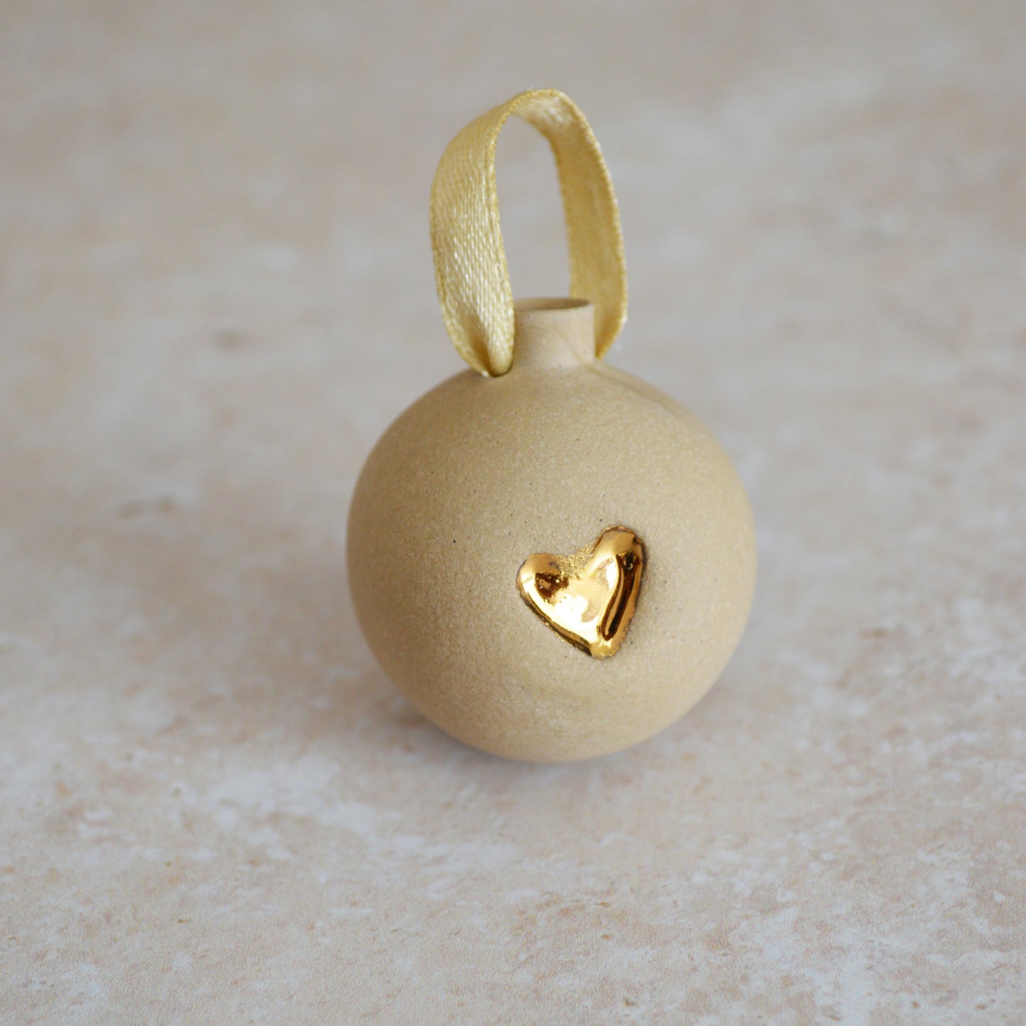 Seconds* BROWN Mini Pastel Bauble With A Gold Heart | Stoneware | Hanging Christmas Decorations | Christmas Tree Decor (B90)