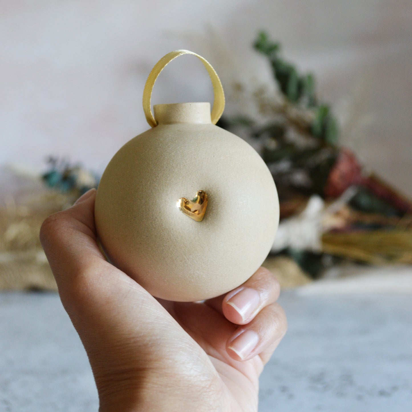 Large Pastel Bauble With A Gold Heart | Stoneware | Hanging Christmas Decorations | Christmas Tree Decor