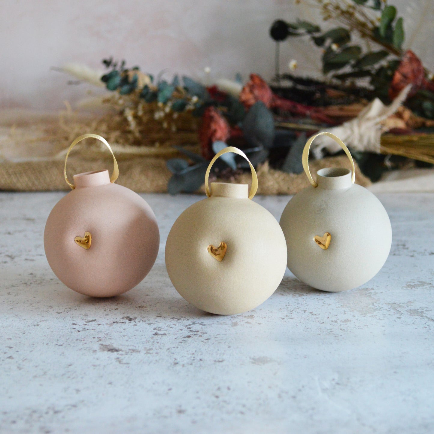 Large Pastel Bauble With A Gold Heart | Stoneware | Hanging Christmas Decorations | Christmas Tree Decor