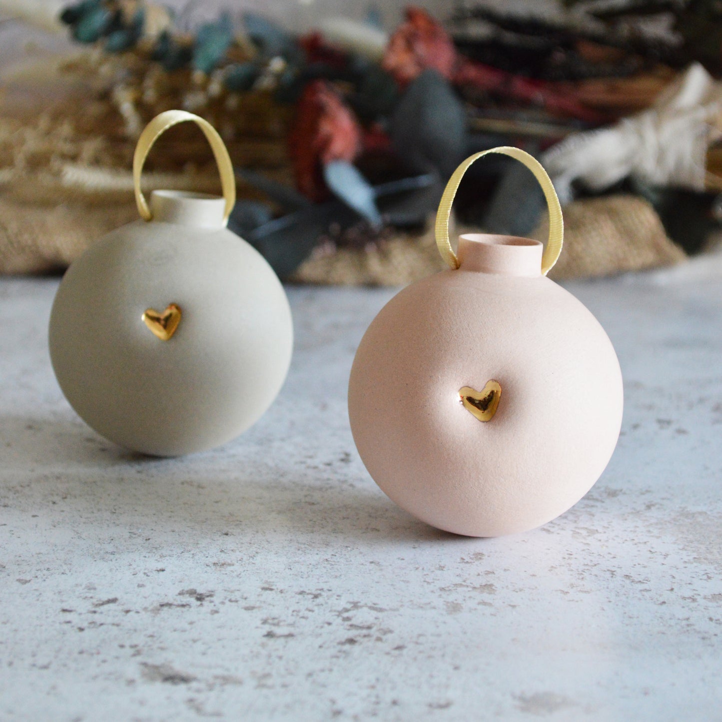 Large Pastel Bauble With A Gold Heart | Stoneware | Hanging Christmas Decorations | Christmas Tree Decor