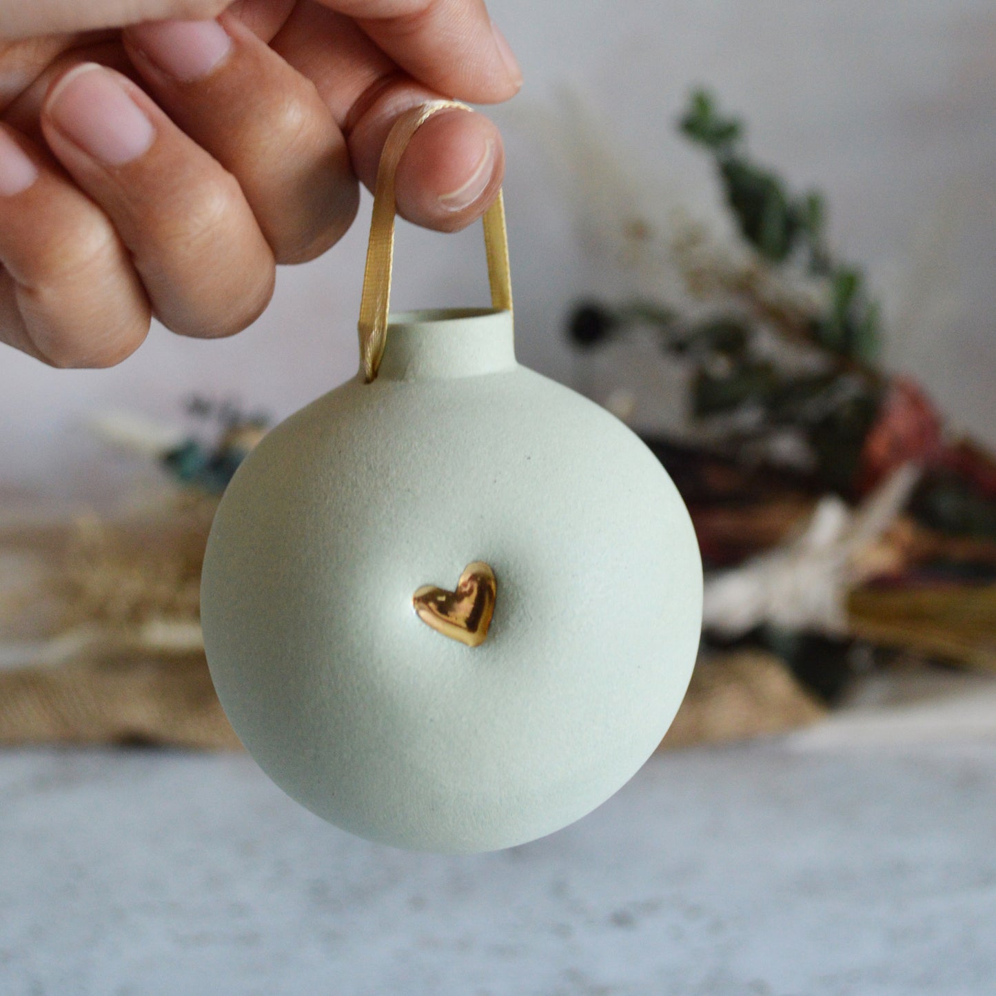 Large Pastel Bauble With A Gold Heart | Stoneware | Hanging Christmas Decorations | Christmas Tree Decor