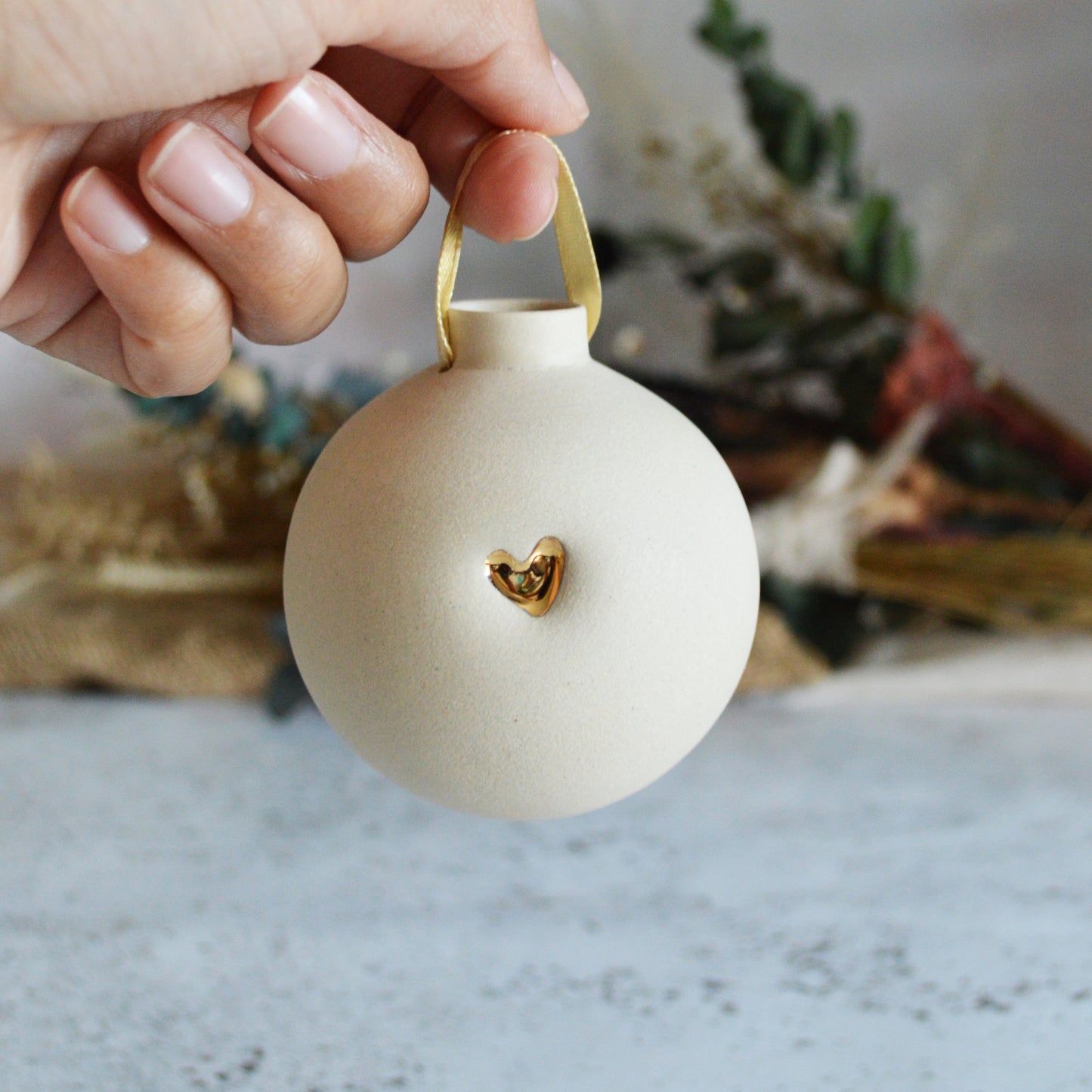 Large Pastel Bauble With A Gold Heart | Stoneware | Hanging Christmas Decorations | Christmas Tree Decor