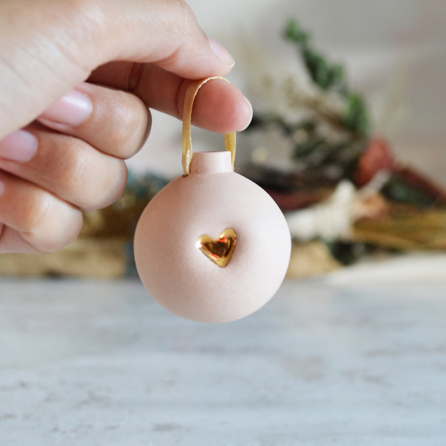Small Pastel Bauble With A Gold Heart | Stoneware | Hanging Christmas Decorations | Christmas Tree Decor