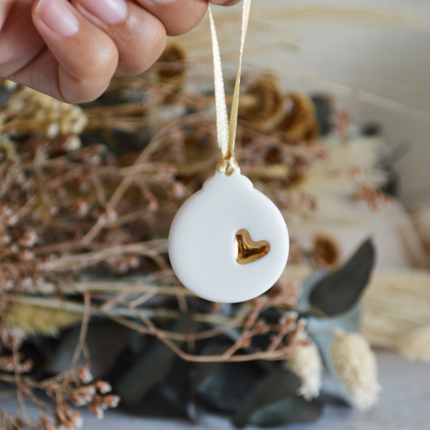 Mini Bauble Hanging Decoration With A Gold Heart | Porcelain | Hanging Christmas Decorations | Mini Christmas Tree Decor