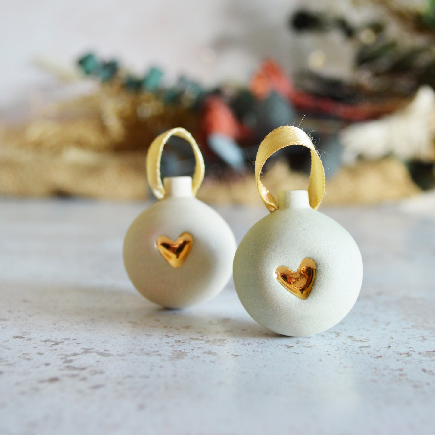 Mini Pastel Bauble With A Gold Heart | Stoneware | Hanging Christmas Decorations | Christmas Tree Decor