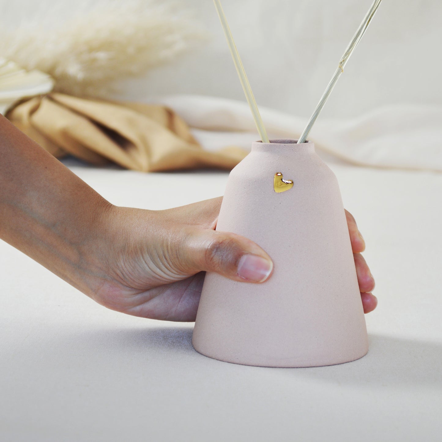 Pastel Pink Ceramic Angled Vase With A Gold Embossed Heart | Stoneware Vase | Flower Vase