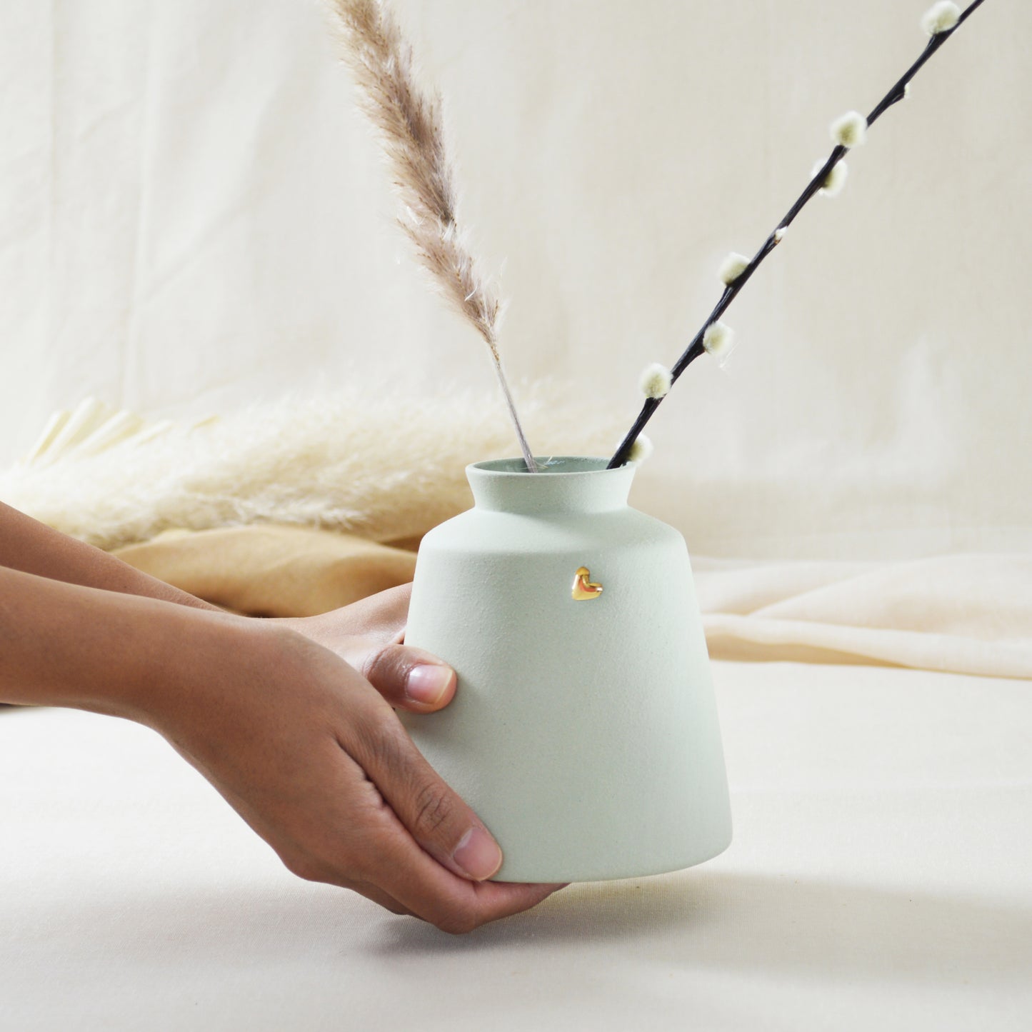 Pastel Mint Collard Neck Ceramic Vase With A Gold Embossed Heart | Stoneware Vase | Flower Vase