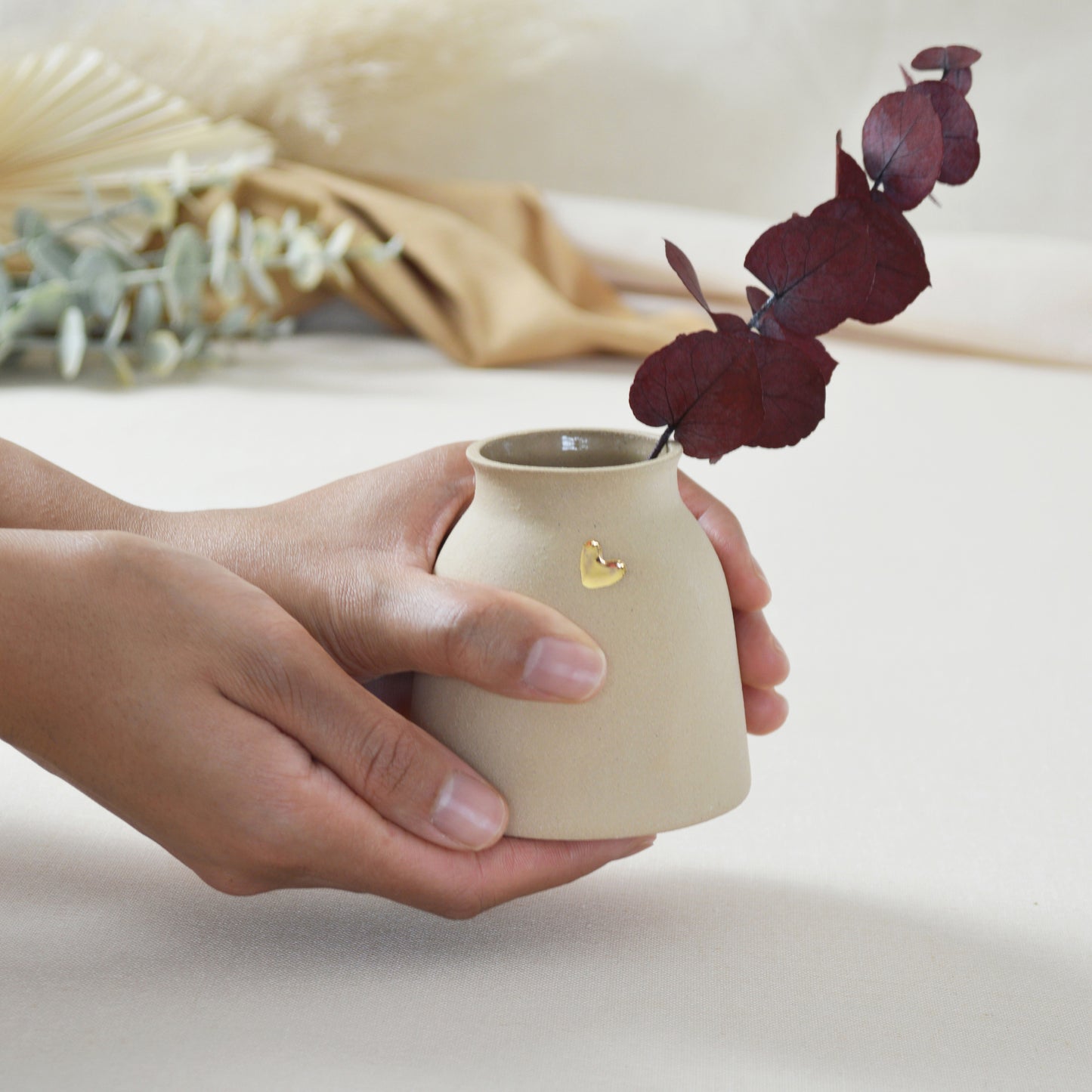 Small Pastel Brown Vase With A Gold Embossed Heart | Short Stem Vase | Flower Vase | Stoneware