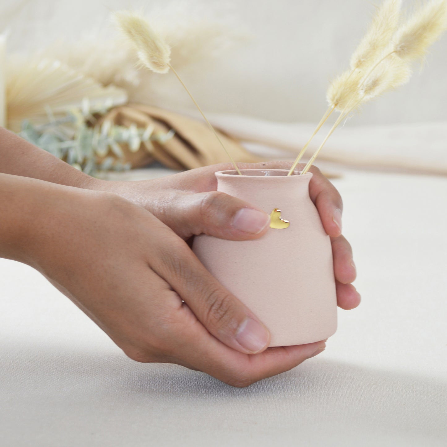 Small Pastel Pink Vase With A Gold Embossed Heart | Flower Vase | Small Vase | Stoneware Vase