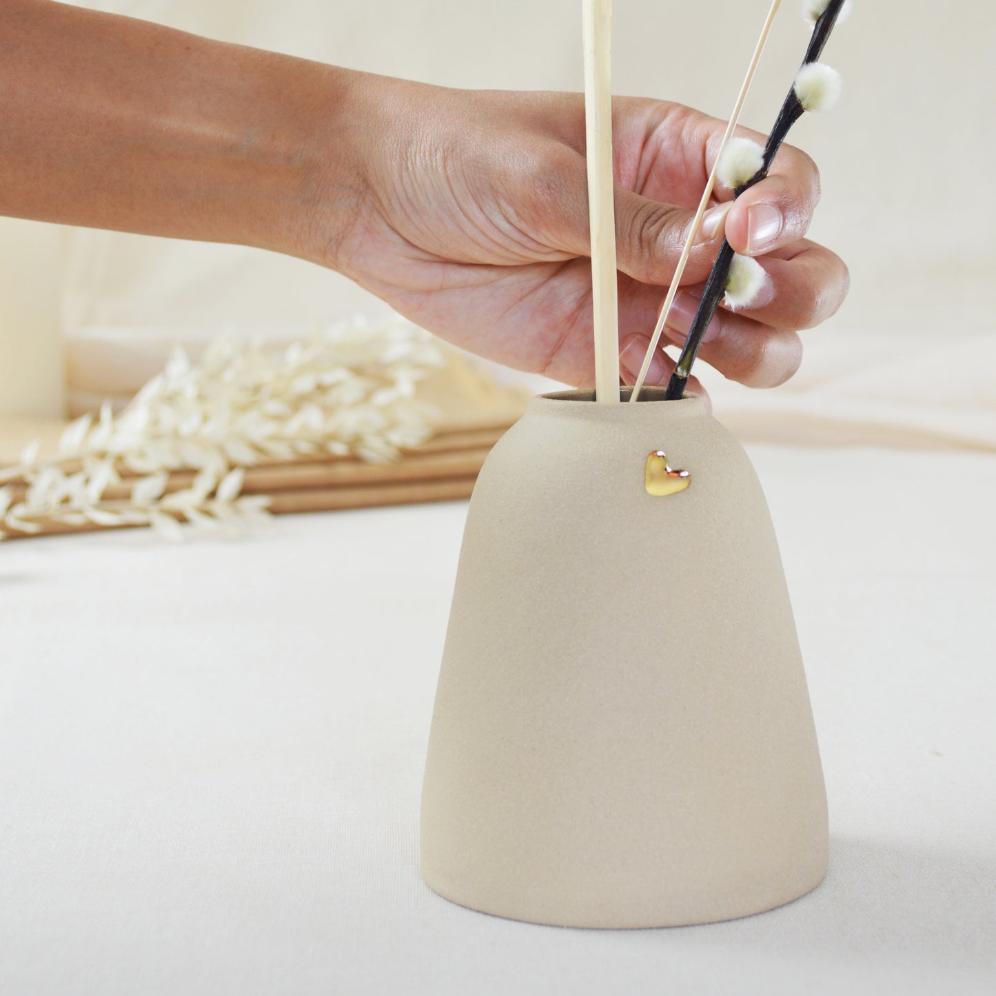 Discontinued* Pastel Brown Ceramic Vase With A Short Rim And An Embossed Gold Heart | Flower Vase | Home Decor | Gifts For Her | Stoneware