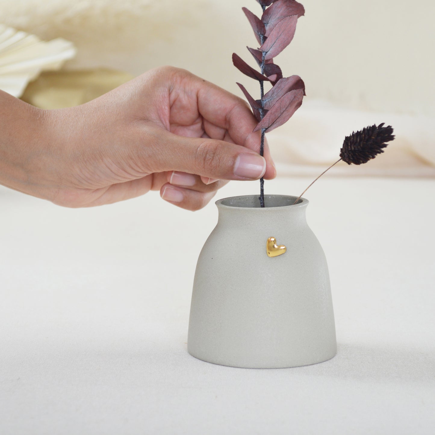 Small Pastel Grey Vase With A Gold Embossed Heart | Wide Neck Vase | Flower Vase | Stoneware