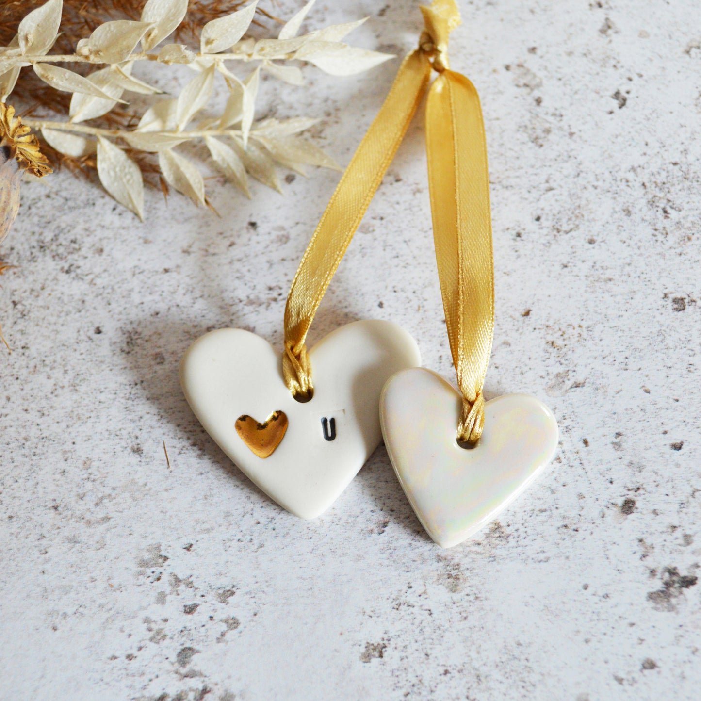 Mini Hanging Heart Tags (Pair) | Love You Heart Tag With A Mini Pearl Heart Tag | Valentine's Gift | Porcelain