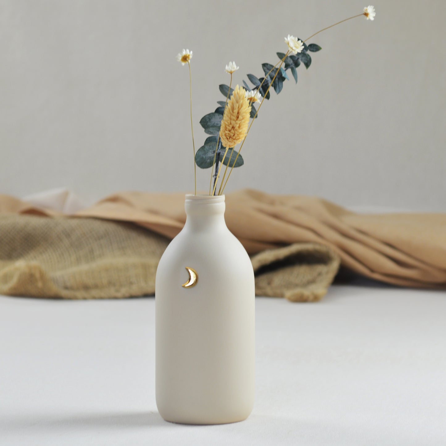 Pastel Beige Bottle Vase With A Gold Embossed Crescent Moon | Flower Vase | Porcelain Vase