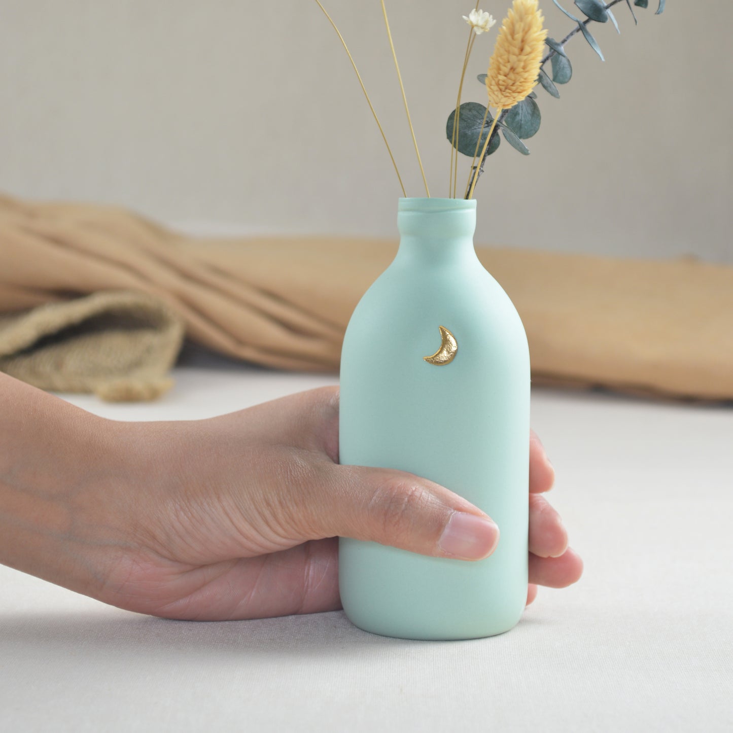 Pastel Mint Bottle Vase Embossed With A Gold Crescent Moon | Flower Vase | Porcelain Vase