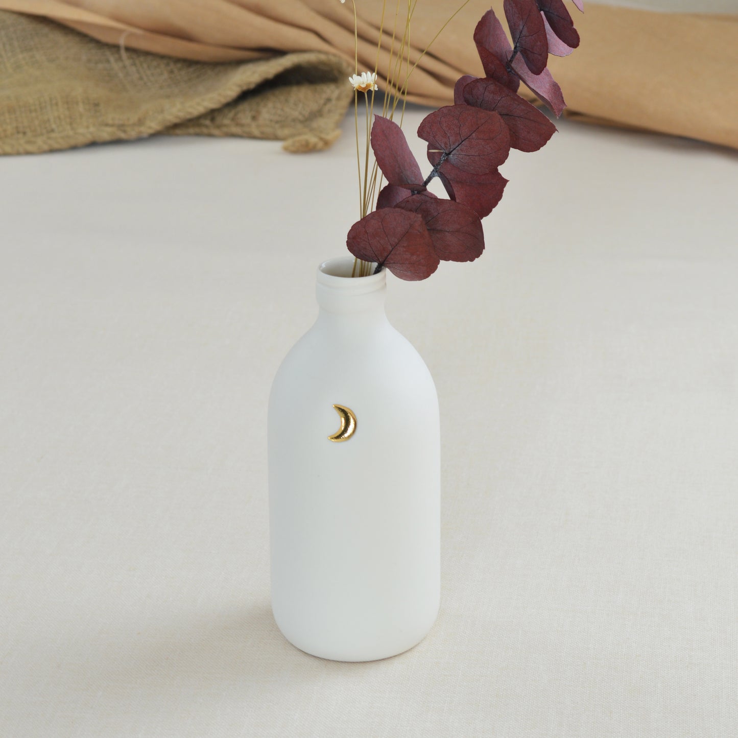 White Bottle Vase With A Gold Embossed Crescent Moon | Flower Vase | Porcelain Vase
