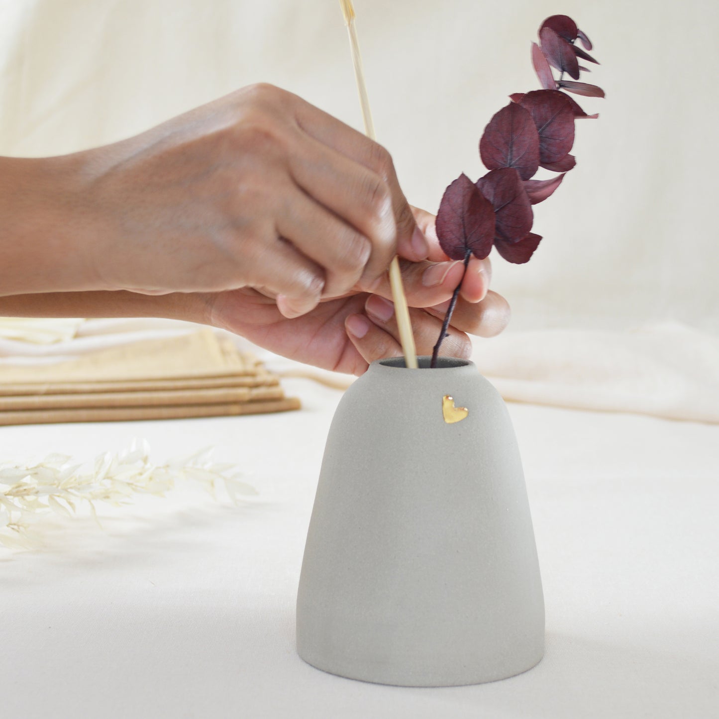 Discontinued* Pastel Grey Ceramic Vase With A Short Rim And An Embossed Gold Heart | Home Decor | Neutral Decor | Flower Vase | Stoneware