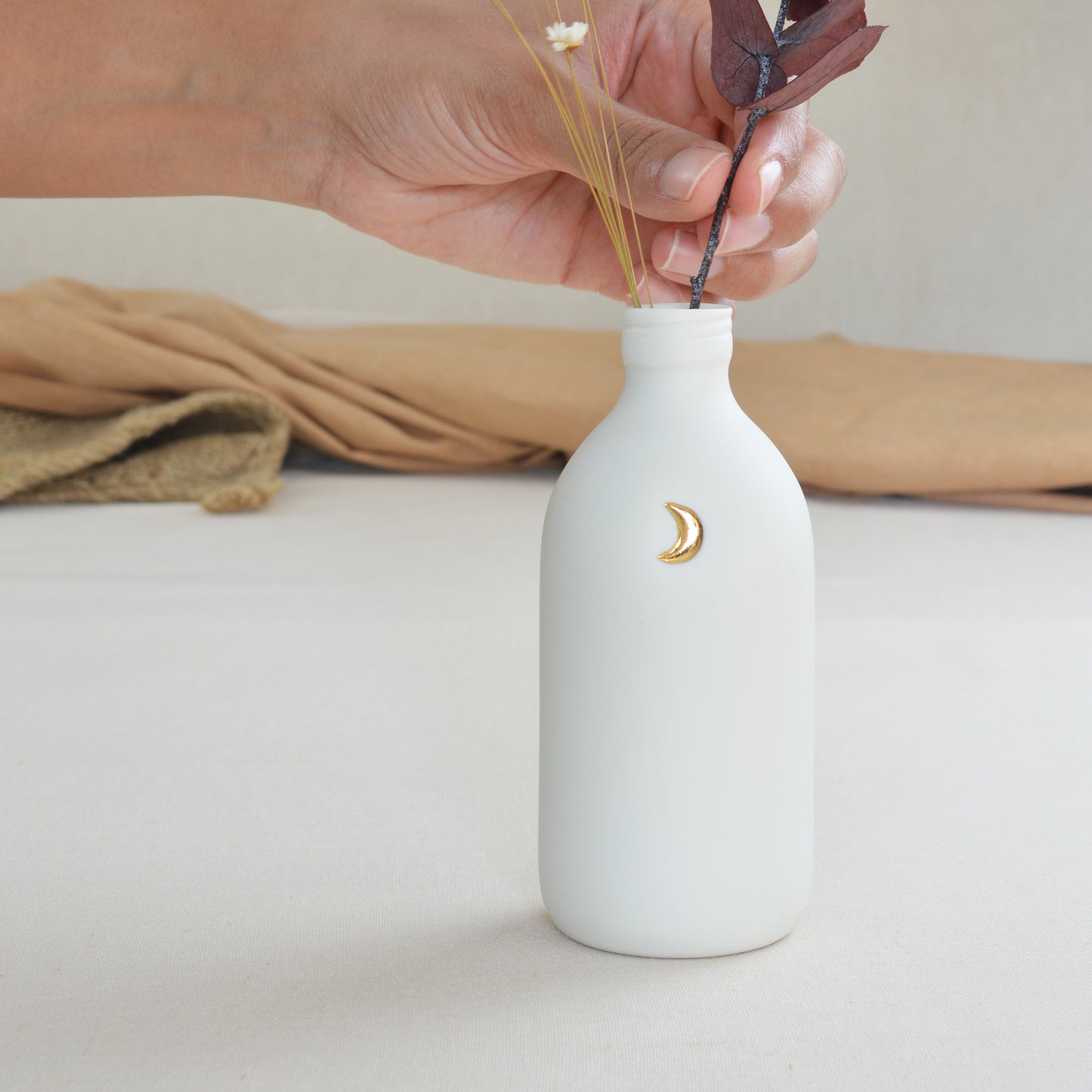 White Bottle Vase With A Gold Embossed Crescent Moon | Flower Vase | Porcelain Vase