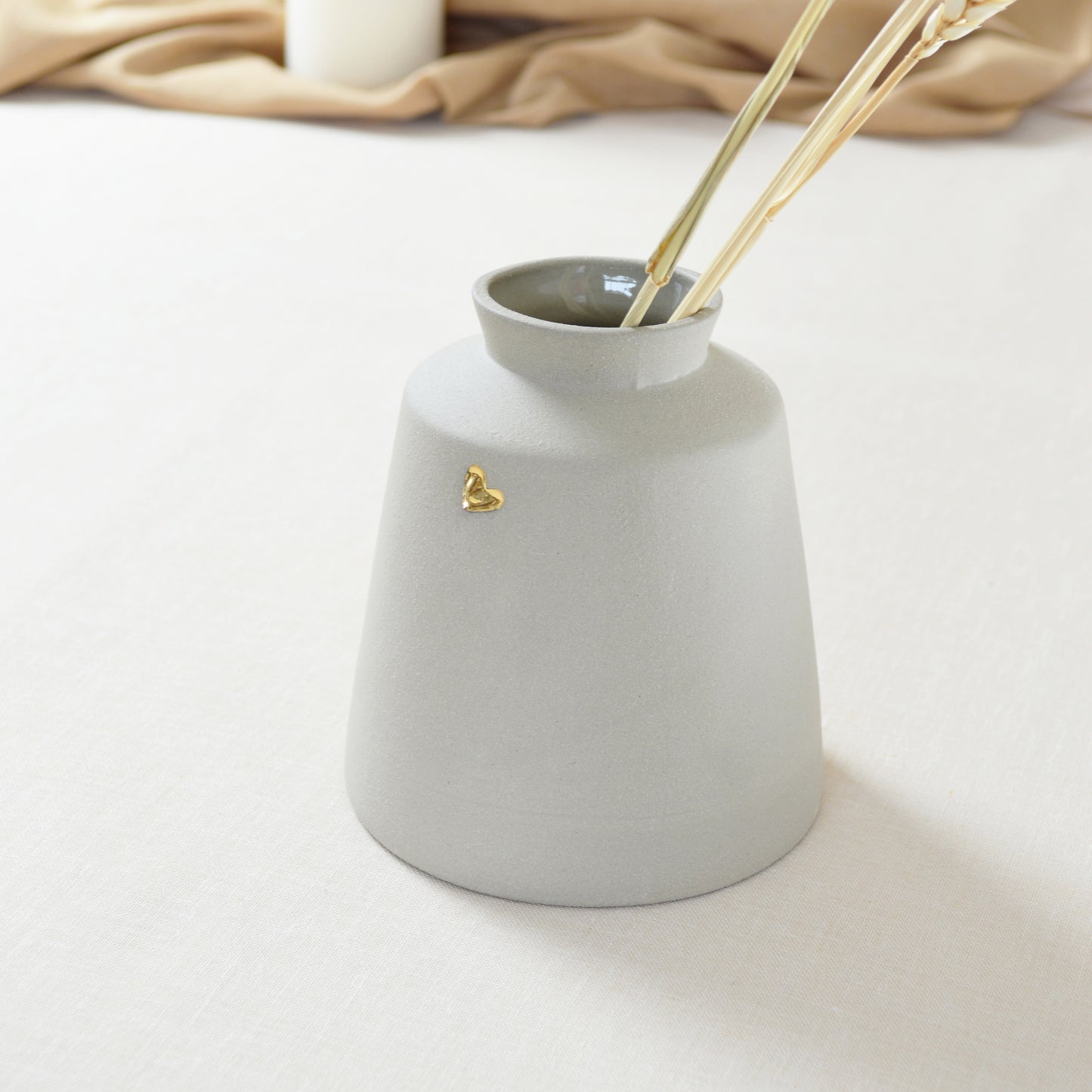 Pastel Grey Collard Neck Ceramic Vase With An Embossed Gold Heart | Stoneware Vase | Flower Vase