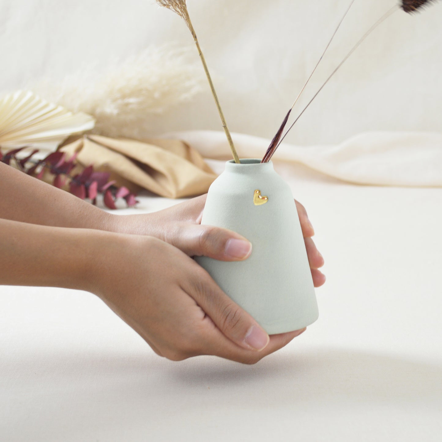 Pastel Mint Angled Ceramic Vase With A Gold Embossed Heart | Stoneware Vase | Flower Vase