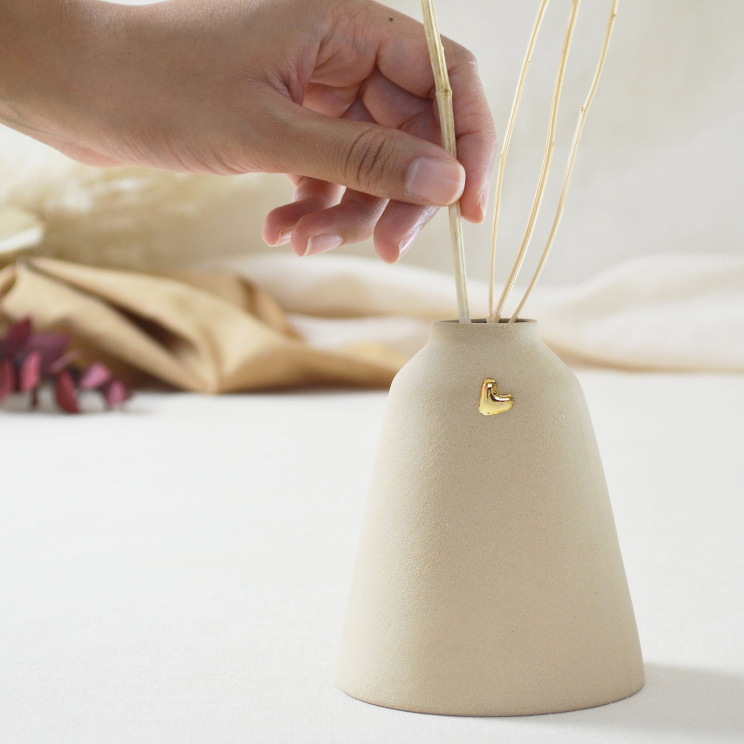 Pastel Brown Angled Ceramic Vase With A Gold Embossed Heart | Stoneware Vase | Flower Vase