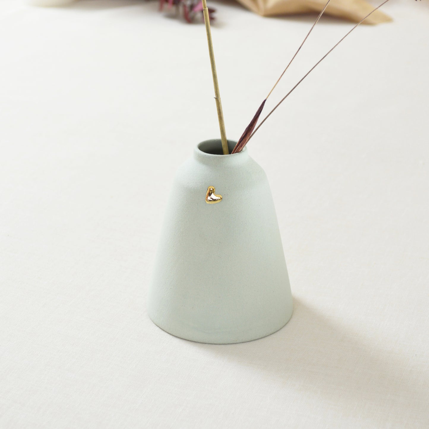 Pastel Mint Angled Ceramic Vase With A Gold Embossed Heart | Stoneware Vase | Flower Vase