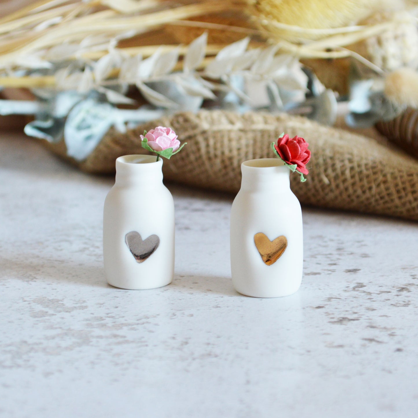 Mini Bottle with An Embossed Gold Heart and Paper Rose | Valentine's Gifts | Porcelain