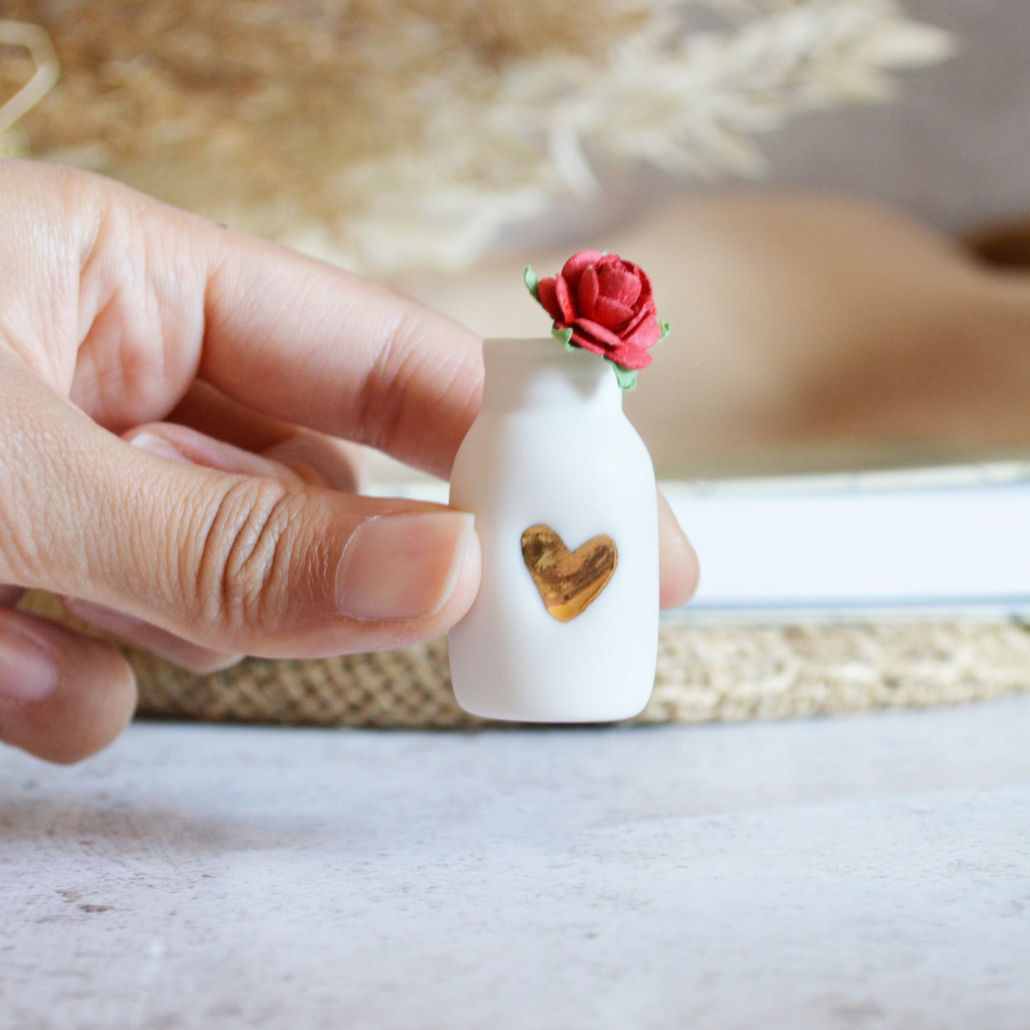 Mini Bottle with An Embossed Gold Heart and Paper Rose | Valentine's Gifts | Porcelain