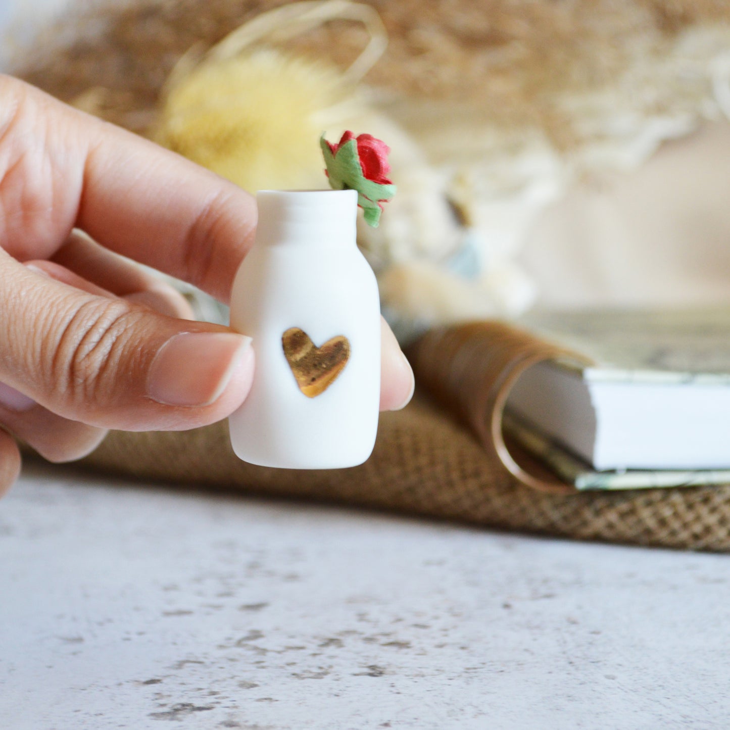 Mini Bottle with An Embossed Gold Heart and Paper Rose | Valentine's Gifts | Porcelain