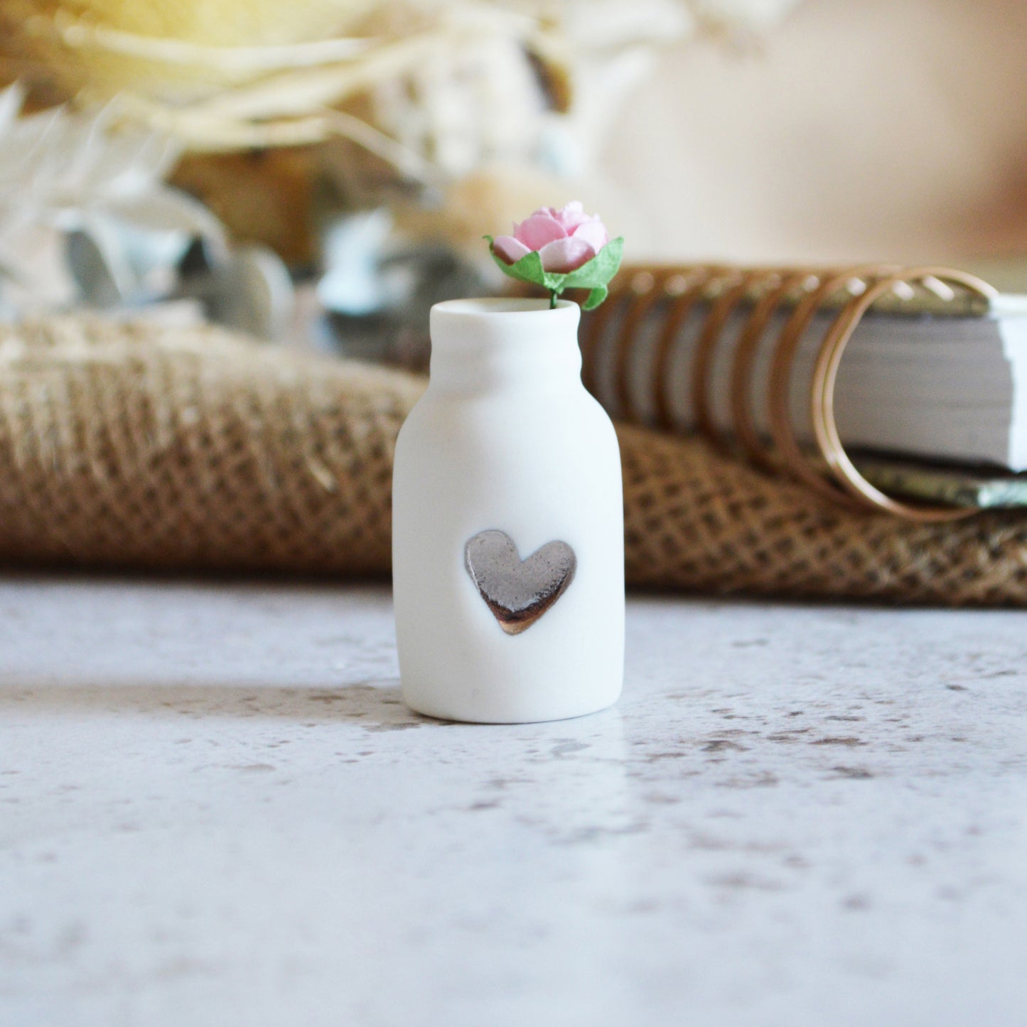 Mini Bottle with An Embossed Gold Heart and Paper Rose | Valentine's Gifts | Porcelain