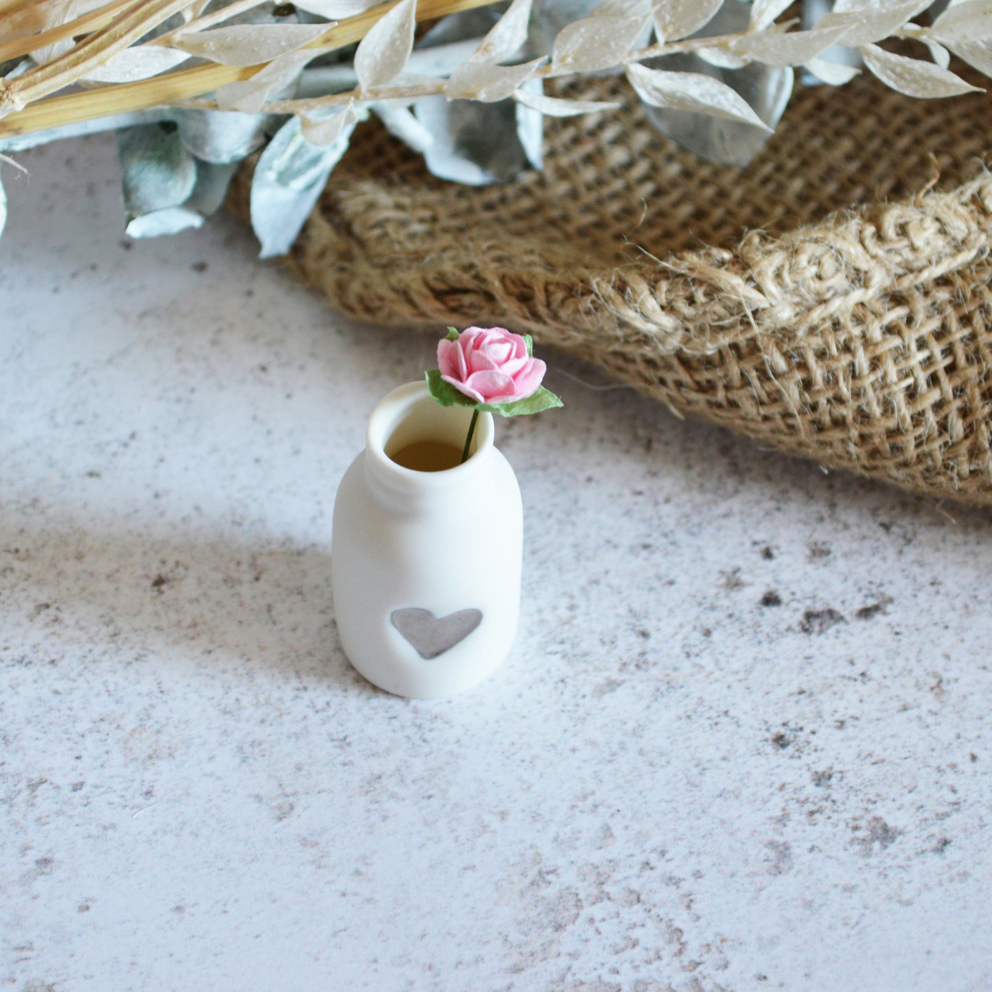 Mini Bottle with An Embossed Gold Heart and Paper Rose | Valentine's Gifts | Porcelain