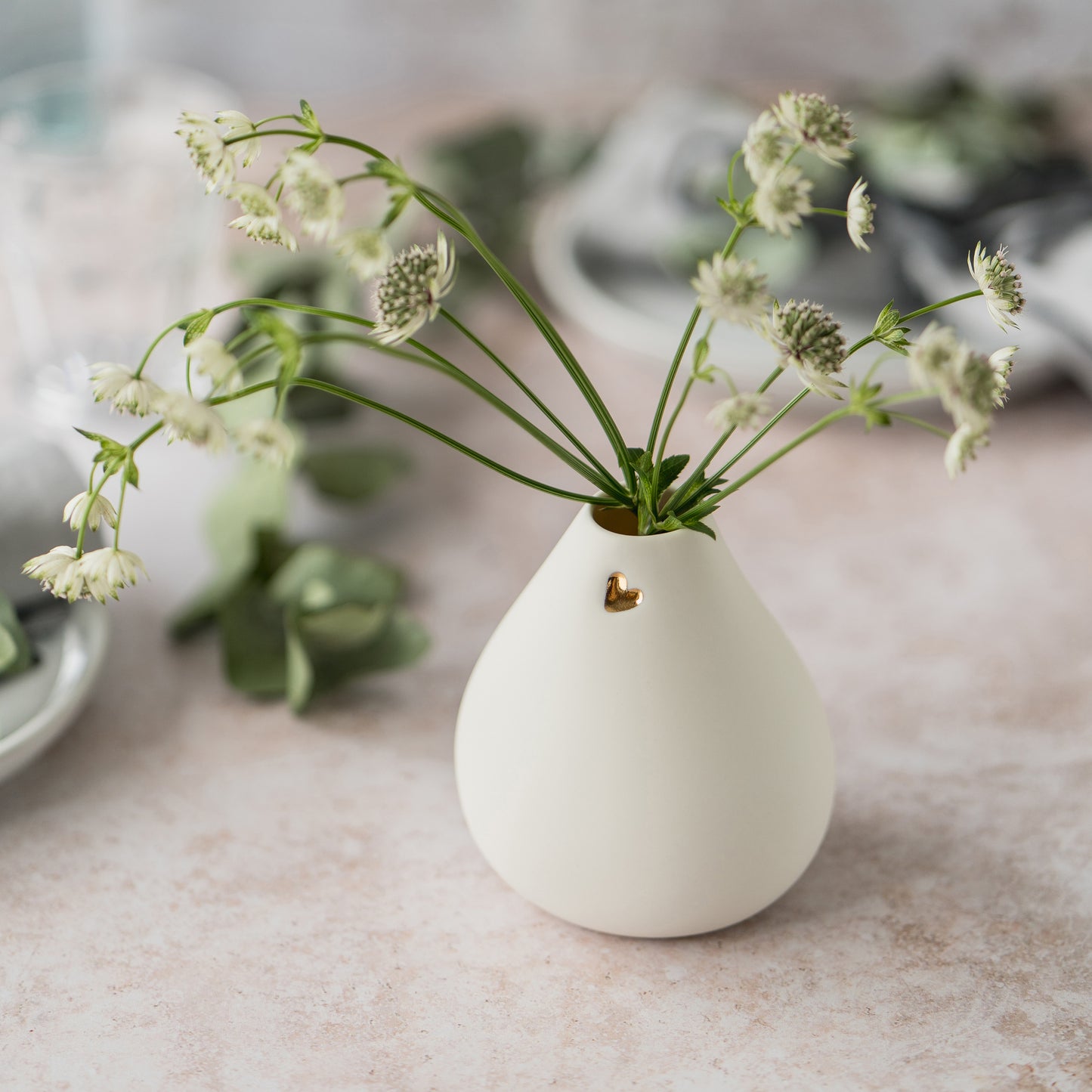 Big Bellied White Bud Vase With A Gold Embossed Heart | Flower Vase | Porcelain Vase