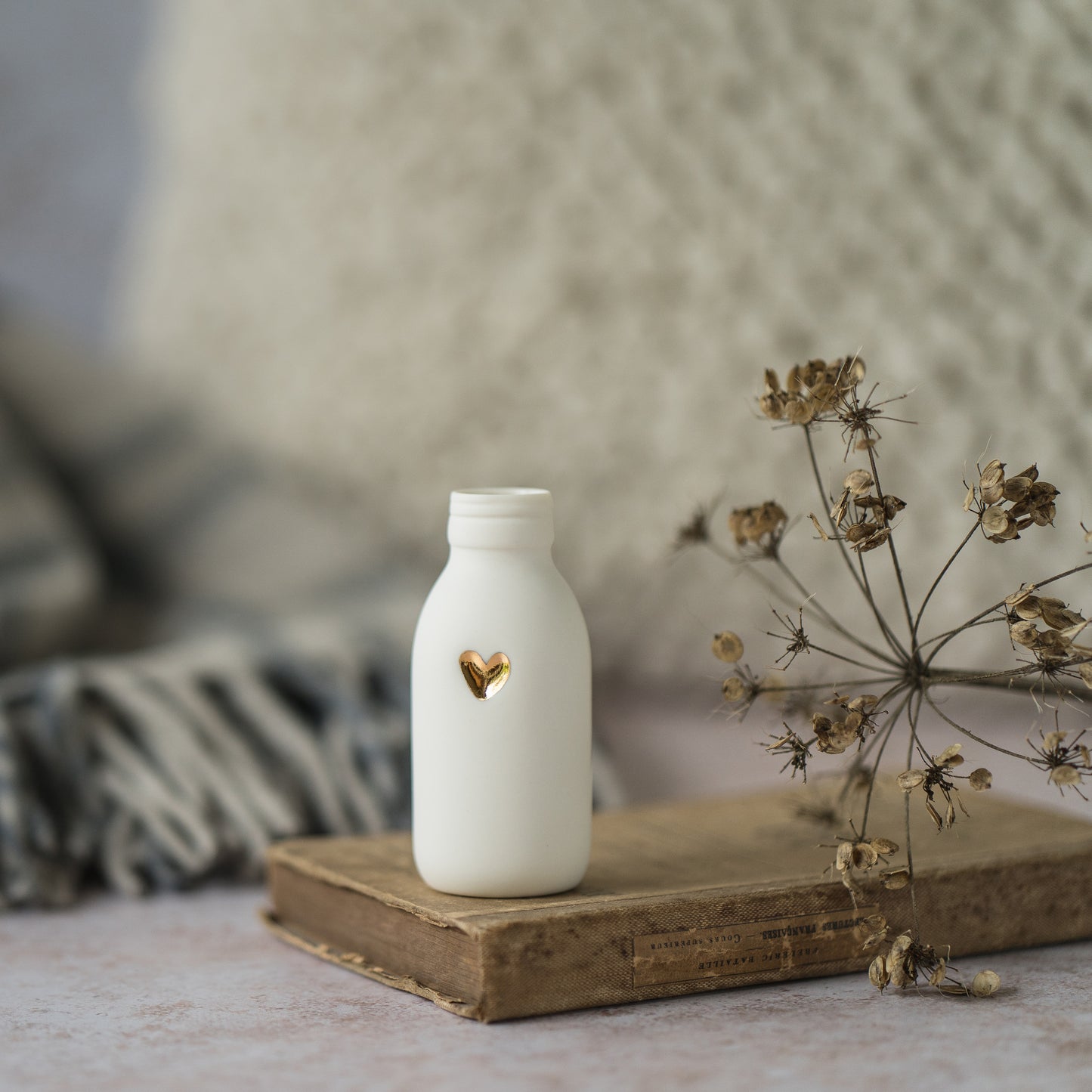White Bottle Vase With A Gold Embossed Heart | Bottle Vase | Flower Vase | Summer Vase | Mother's Day | Porcelain