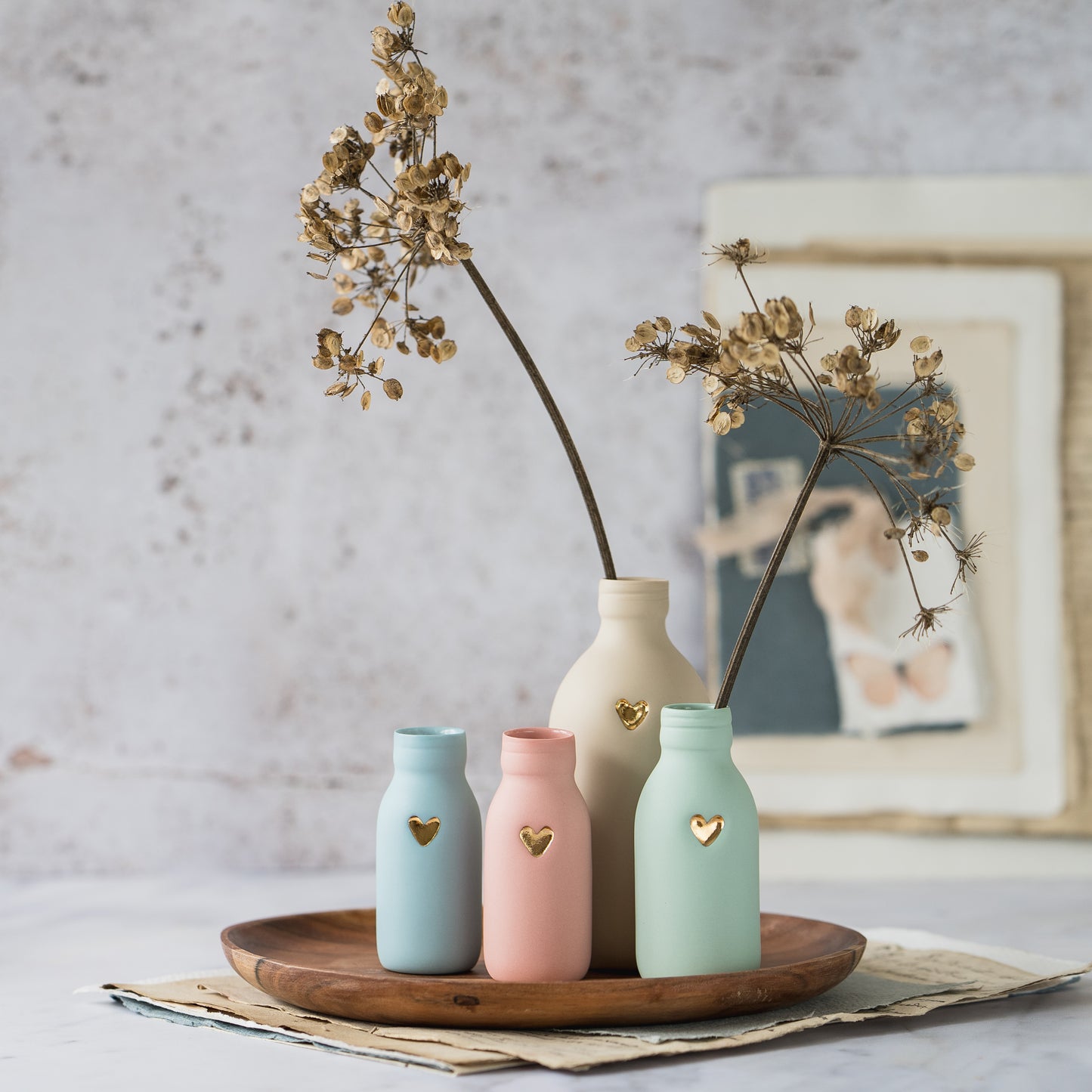 Pastel Bottle Vases With A Gold Embossed Heart | Summer Vase | Flower Vase | Porcelain