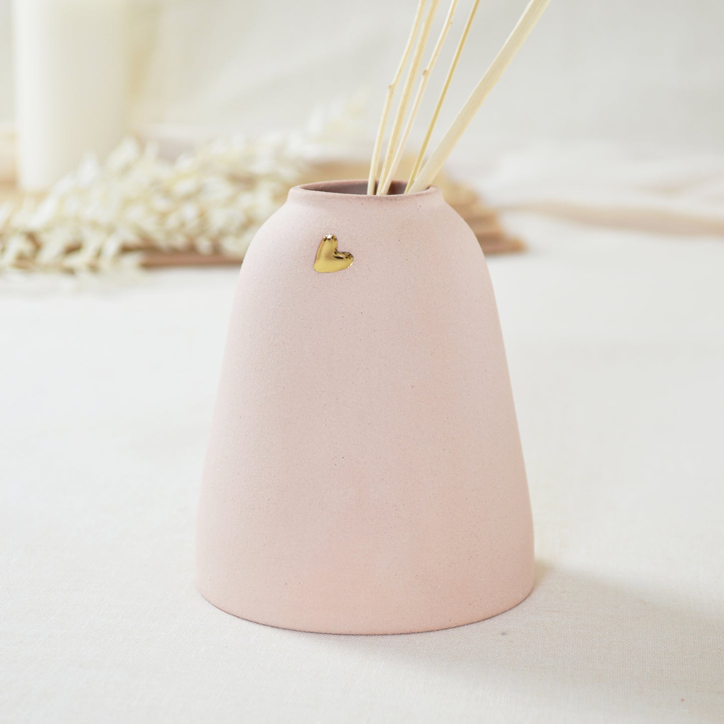 Pastel Pink Ceramic Vase With A Short Rim And An Embossed Gold Heart | Pretty Pink Decor | Mother's Day Vase | Stoneware